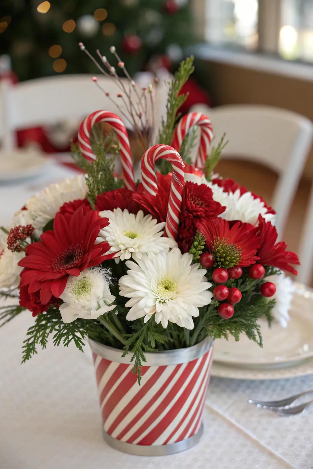 Create eye-catching centerpieces with candy canes and flowers.