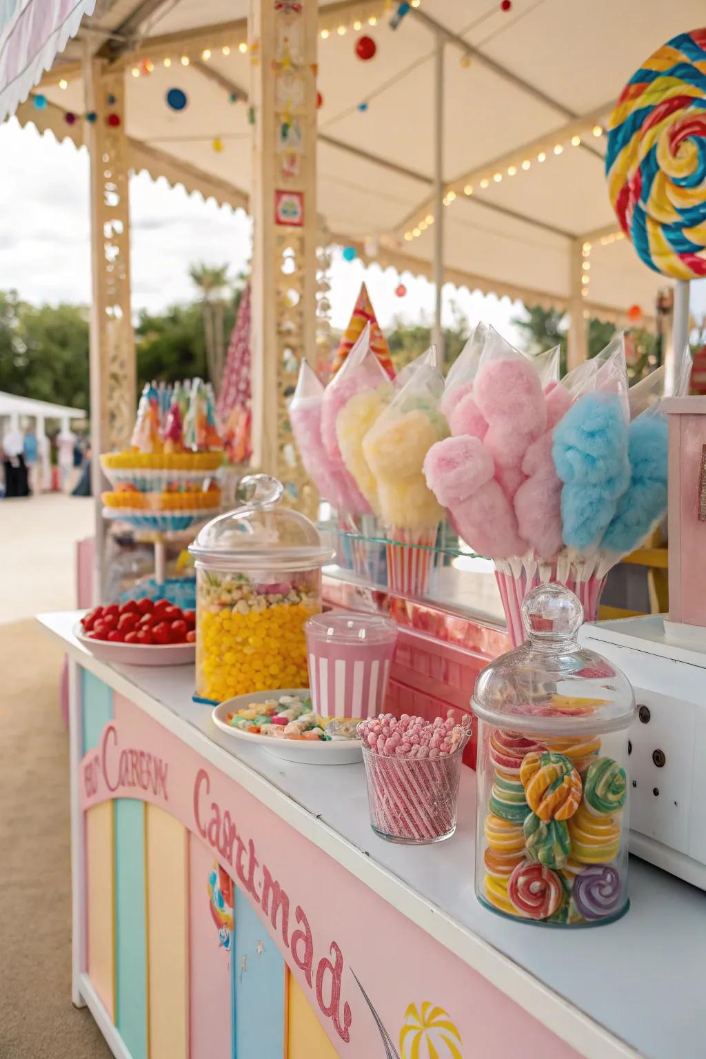 A festive carnival candy bar with vibrant colors and traditional goodies.