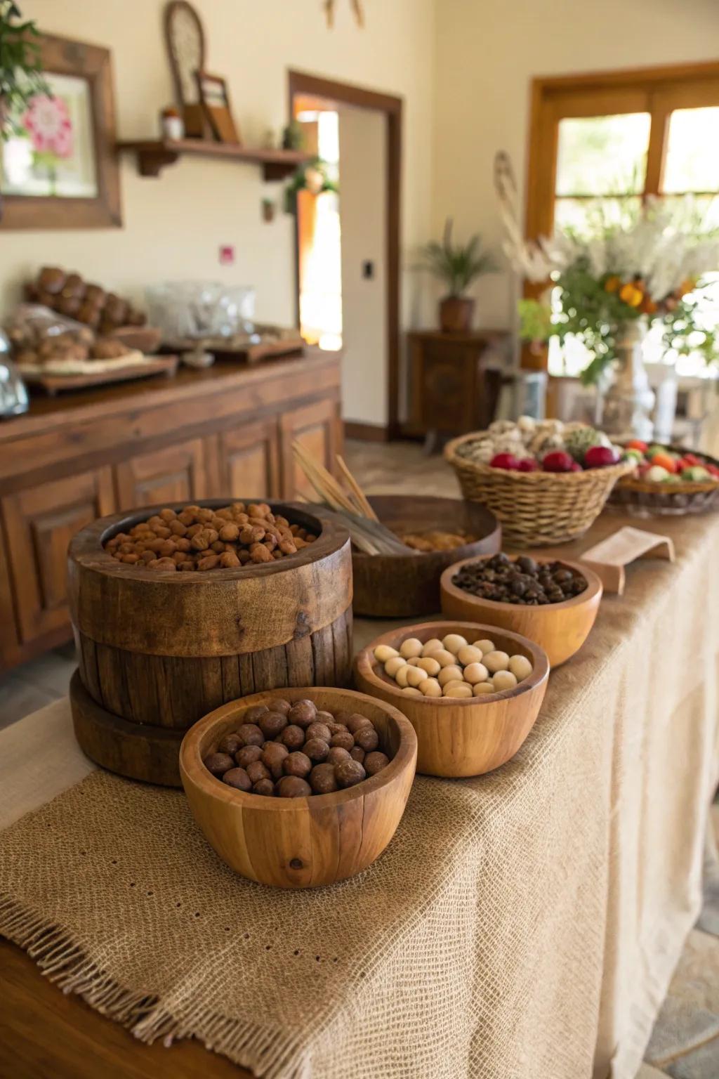 Rustic charm with a dessert buffet twist.