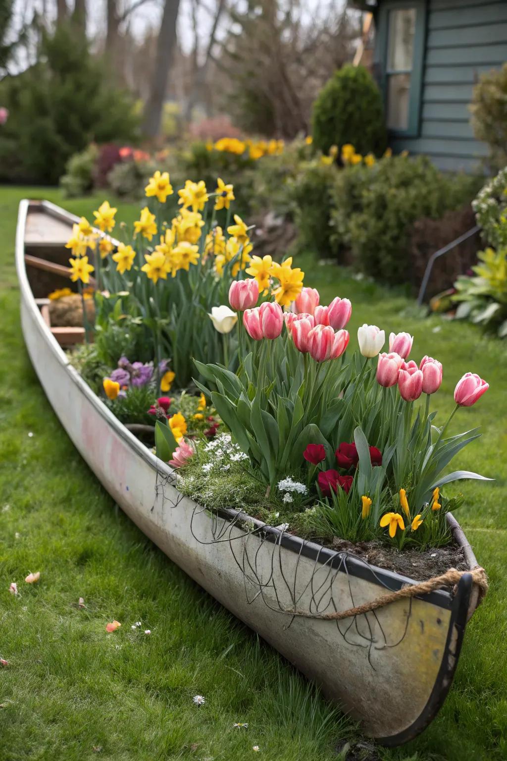 Honor the seasons with a canoe planter filled with seasonal blossoms.