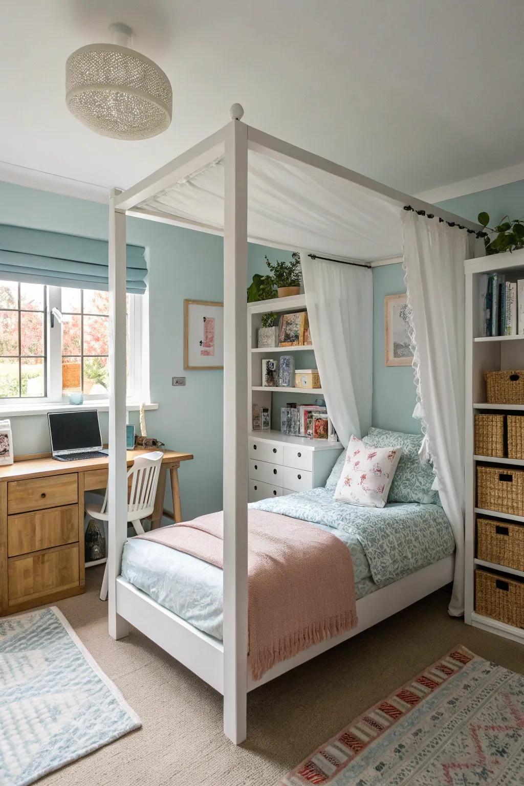 Compact furniture combined with a canopy bed maximizes space.