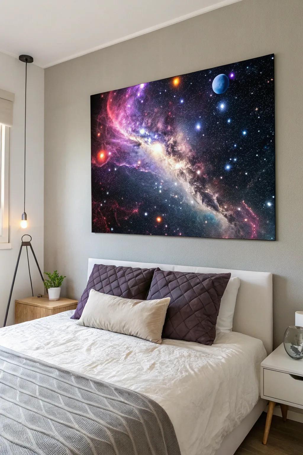 Cosmic-themed canvas art in a serene bedroom