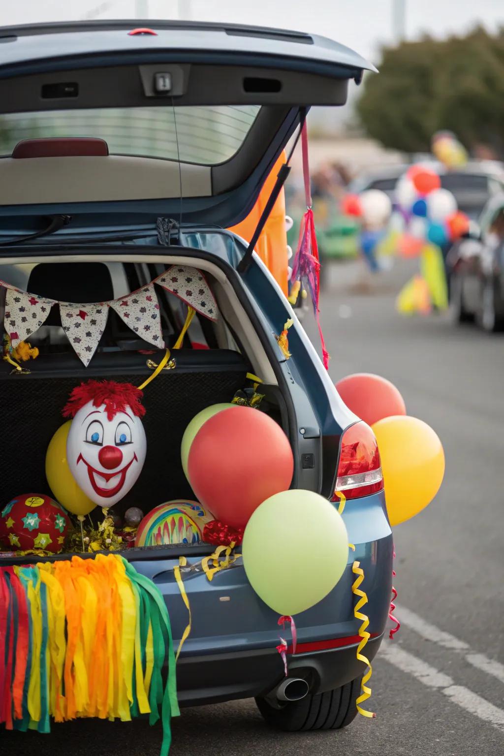 A cheerful clown-themed trunk, overflowing with color and joy.