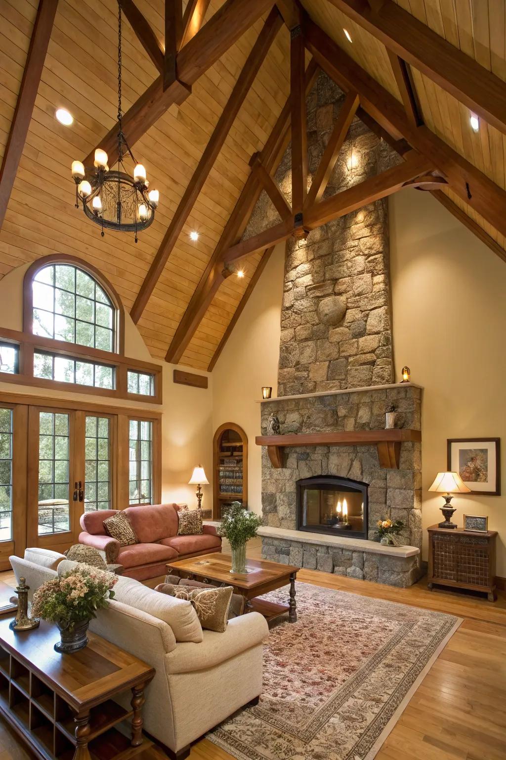 Natural elements such as timber and stone compose a harmonious scheme.