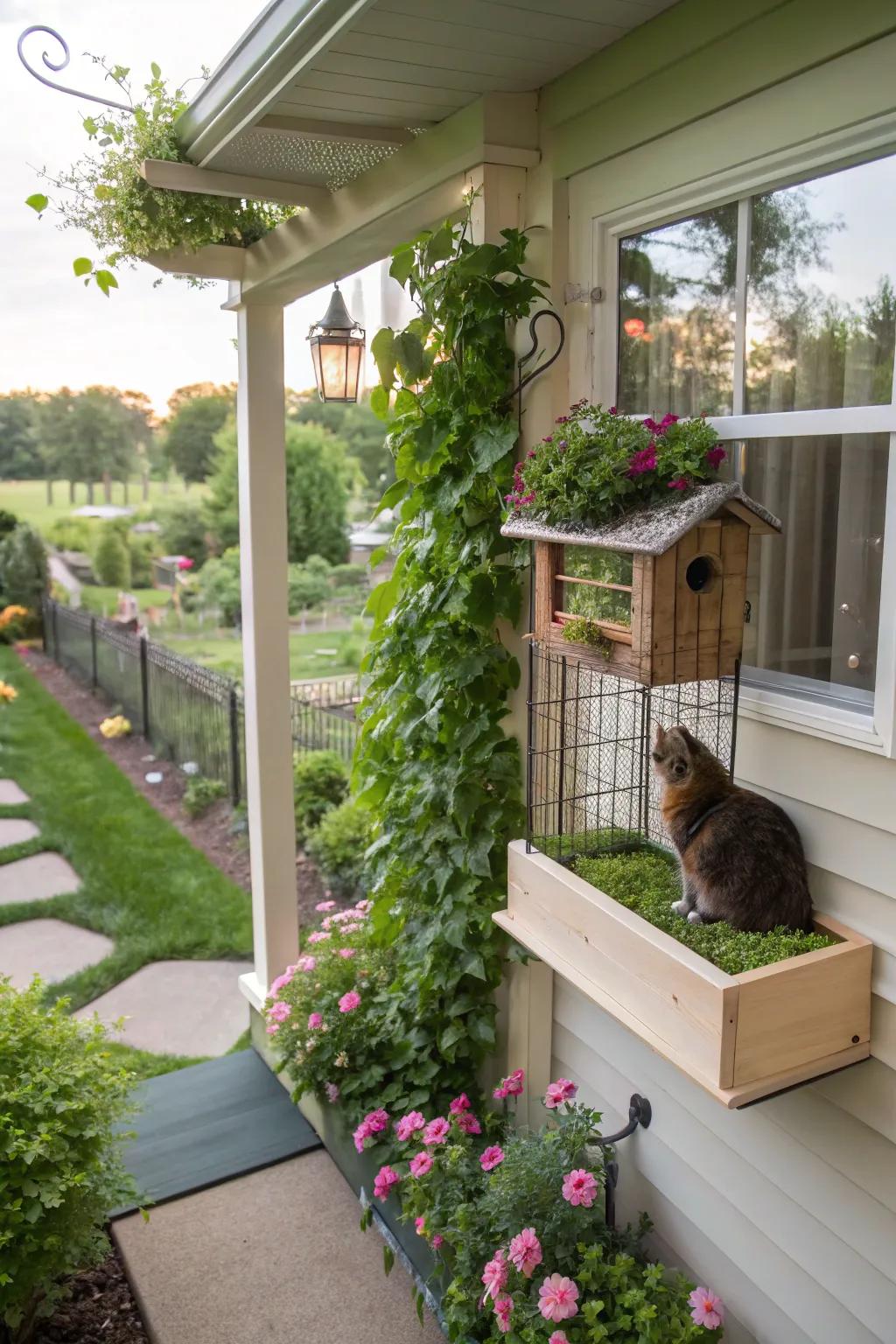 A window-mounted catio delivering a secured outdoor feel for indoor cats.