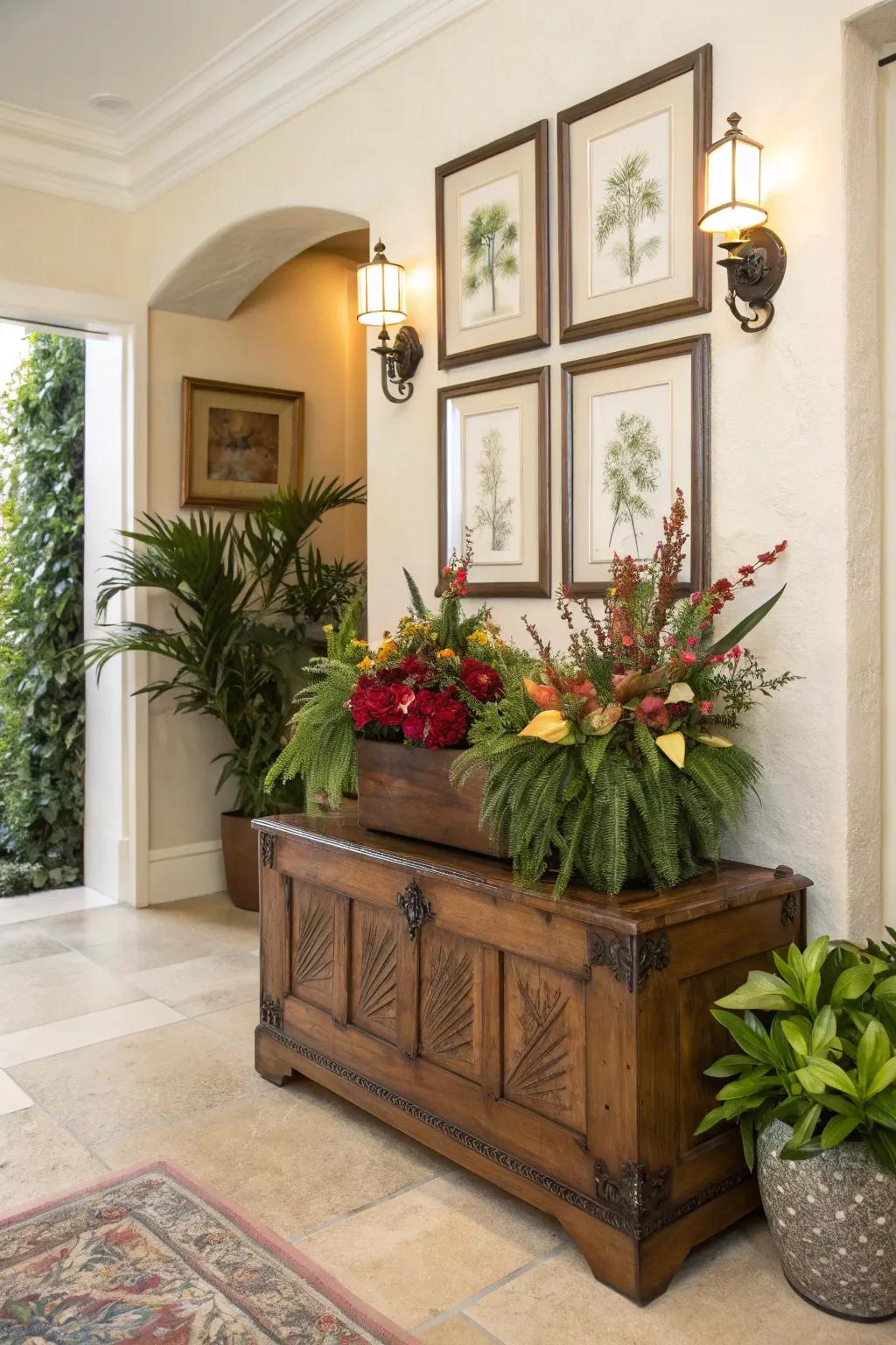 An antique storage chest in the entryway makes a fashionable and practical impression.