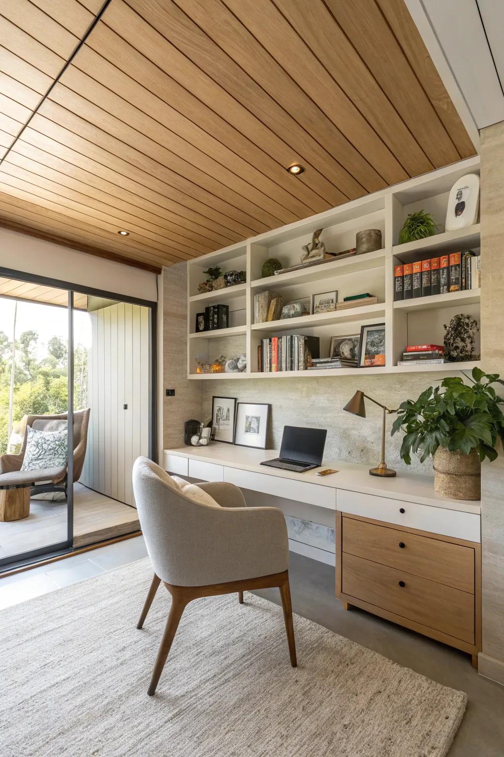 Embrace warmth via natural timber panels atop your ceiling.