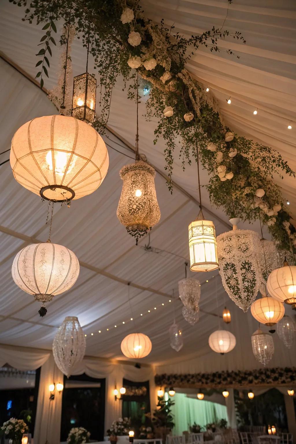 Hanging lanterns add cozy charm.