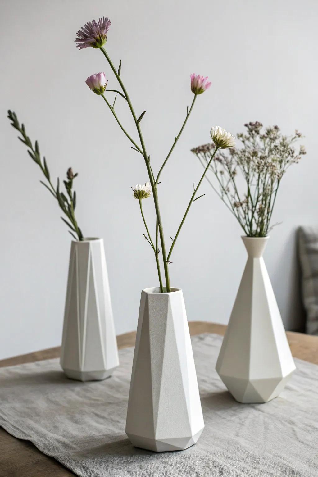 Minimalist geometric vessels showcasing individual flowers.