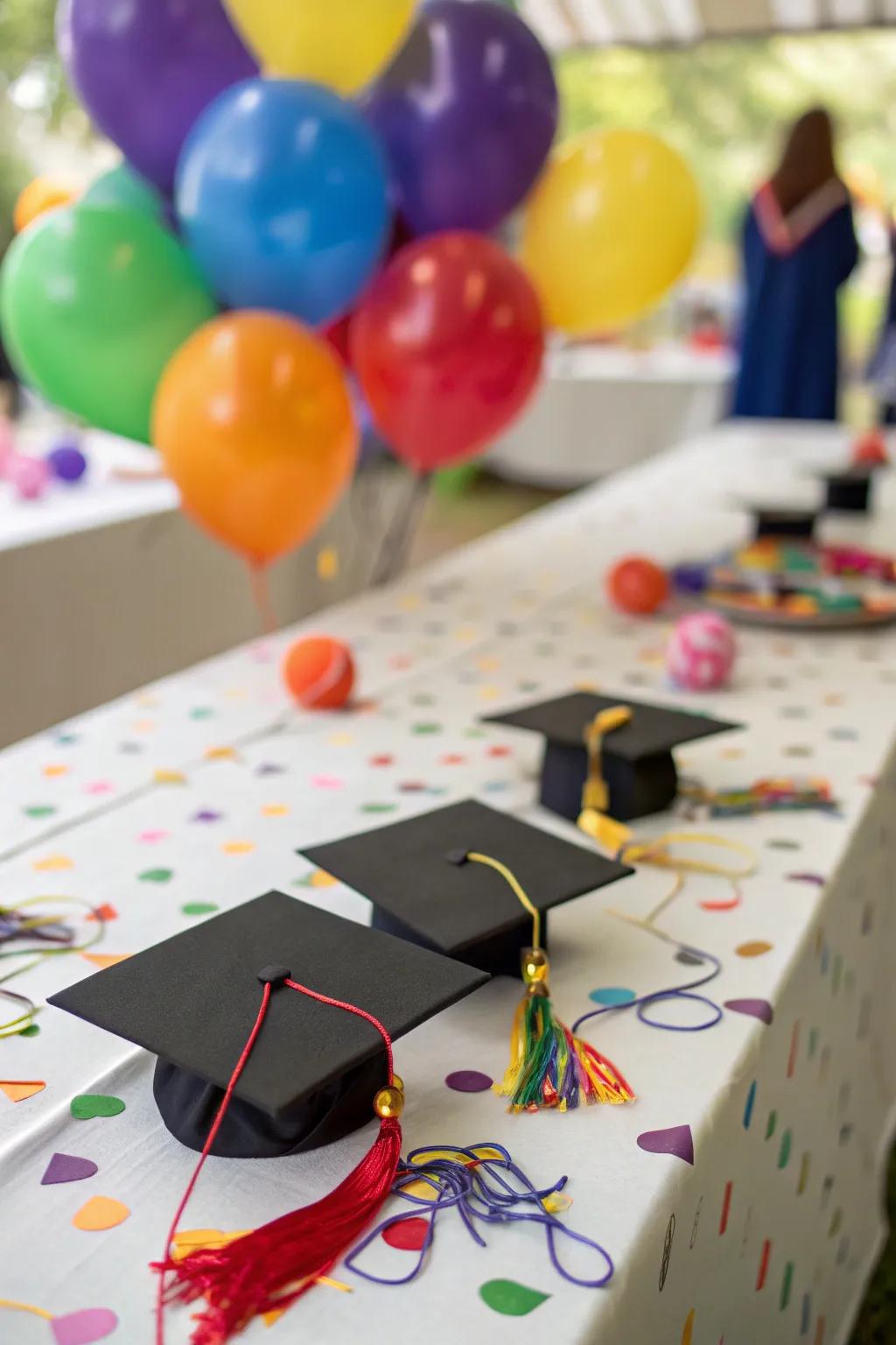 DIY graduation toppers add a playful touch to the decor.