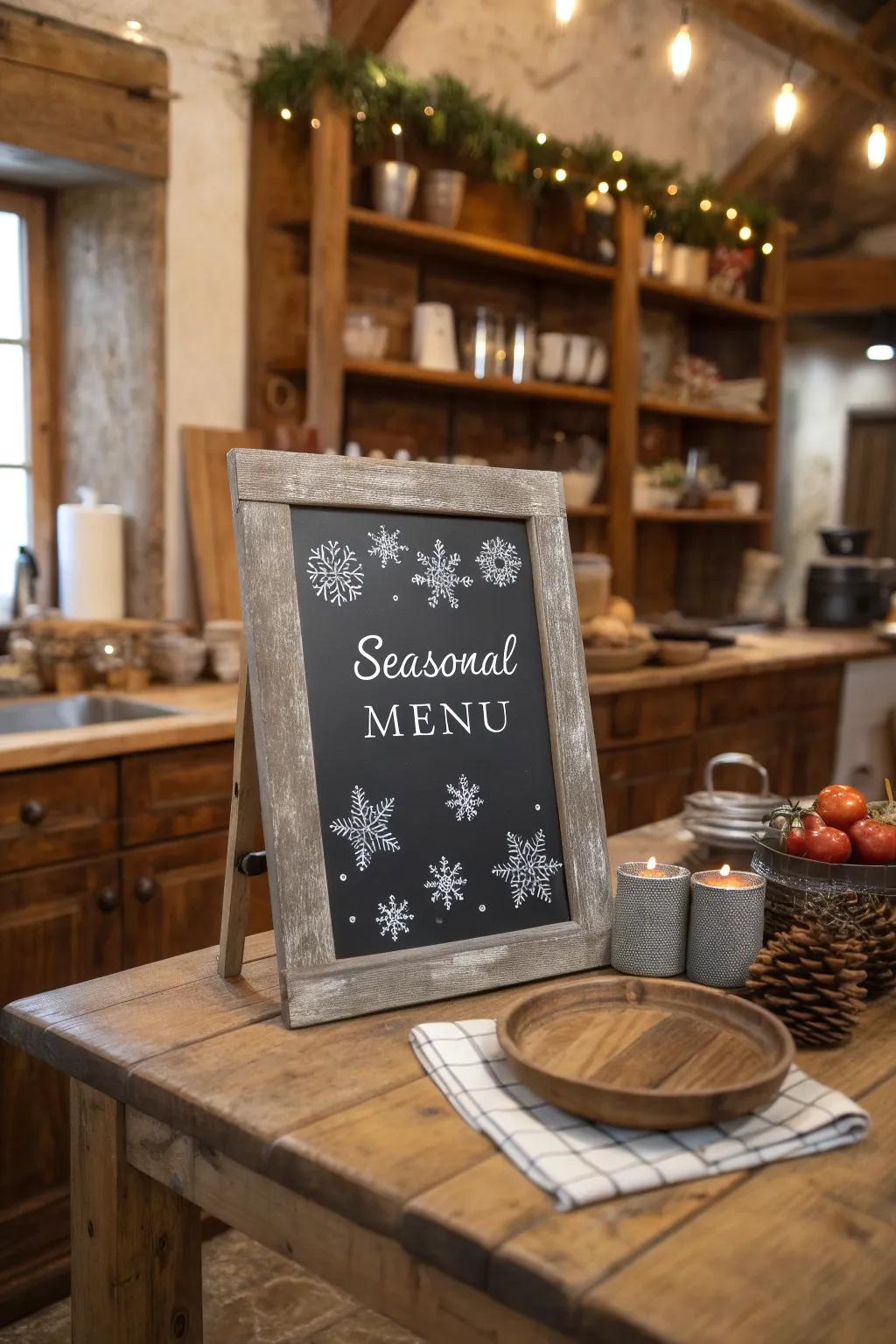 Event elements like snowflakes add a festive touch to this winter-themed chalkboard menu.