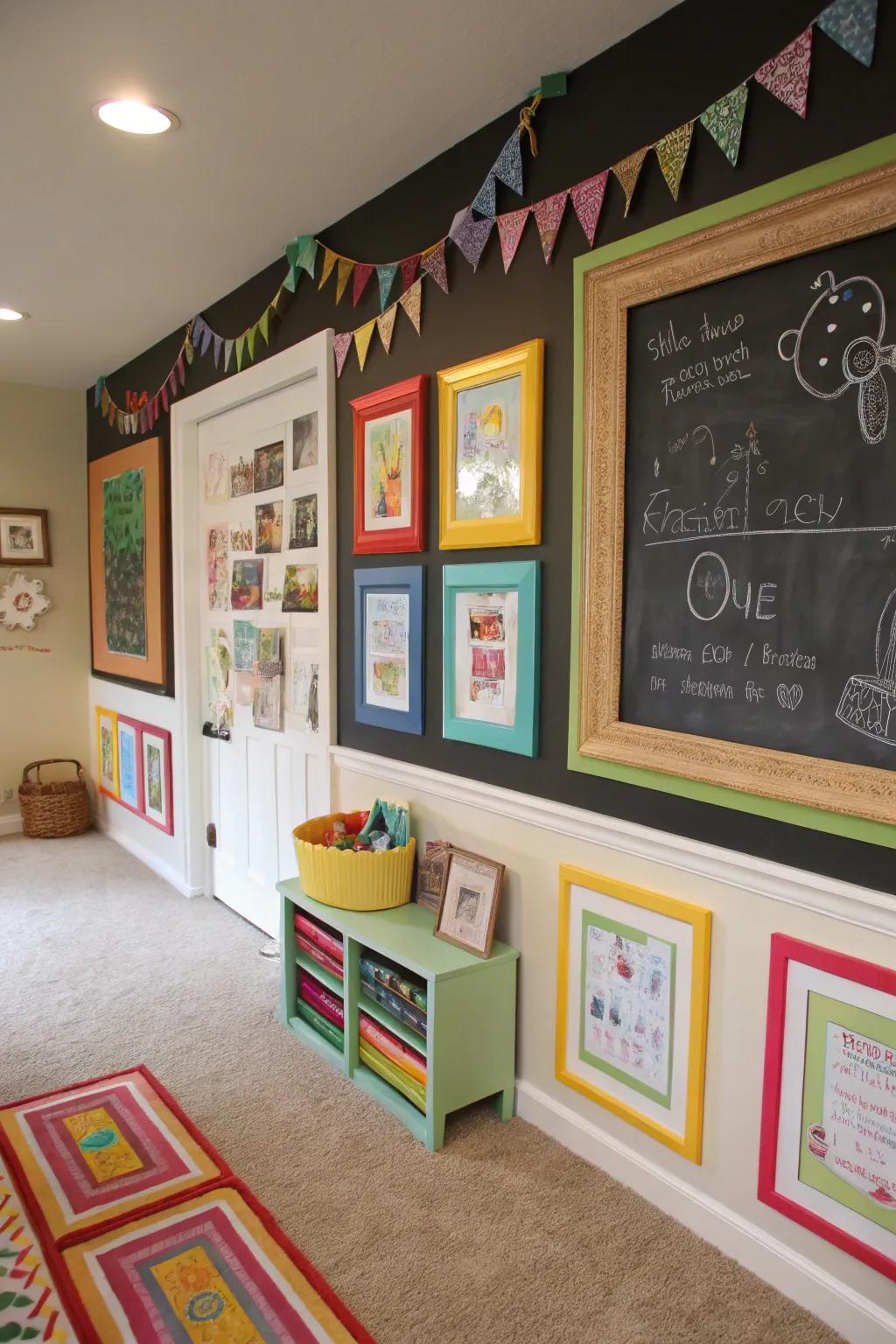 Framed chalkboard parts motivate personal creativity.
