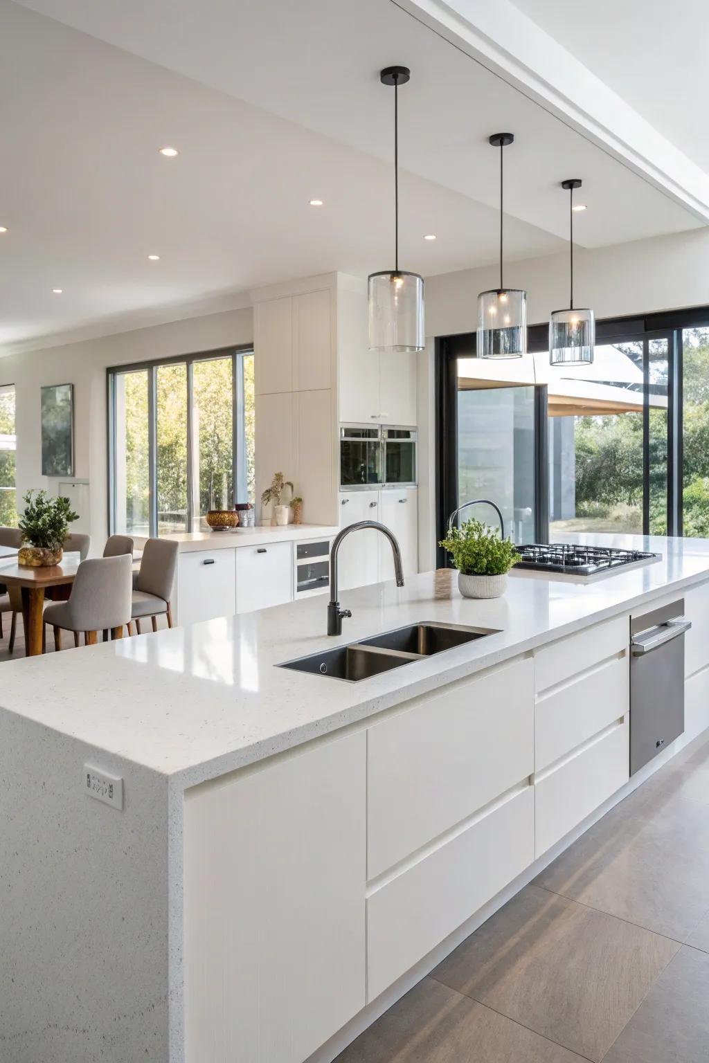 Elegant kitchen showcasing seamless synthetic stone worktops.