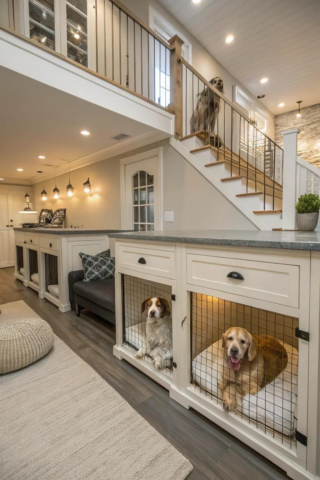 A kennel designed to comfortably house multiple dogs.