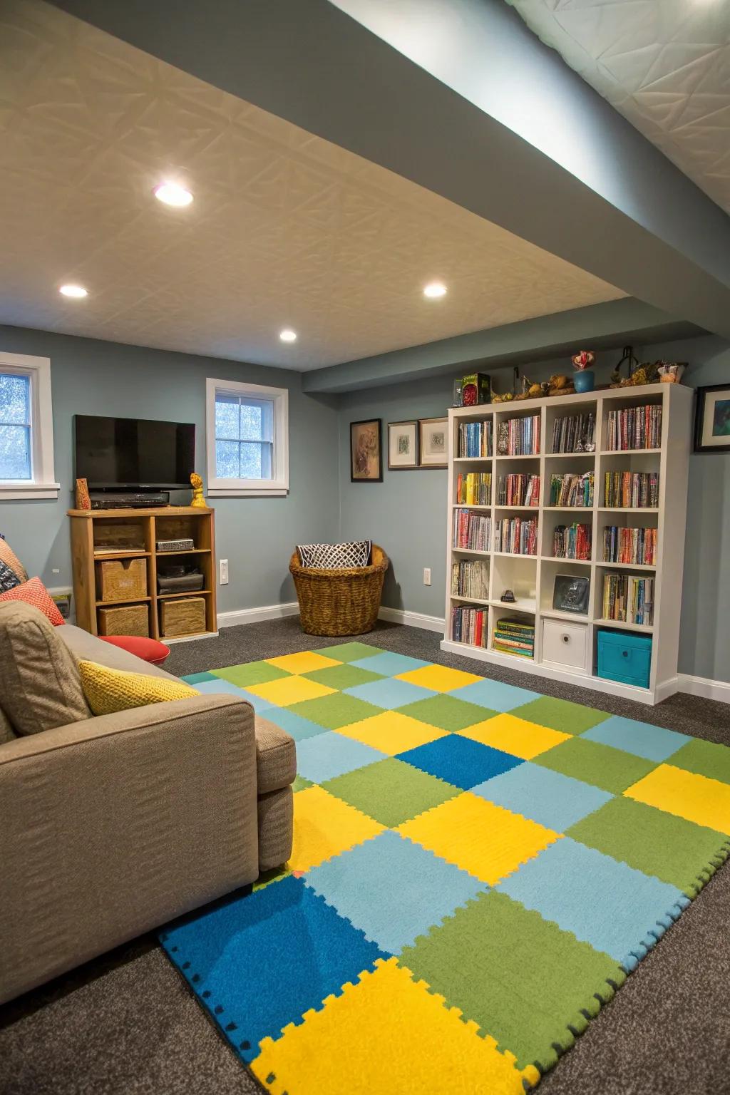 Carpet tiles provide a soft and comfortable flooring answer for family-friendly basements.