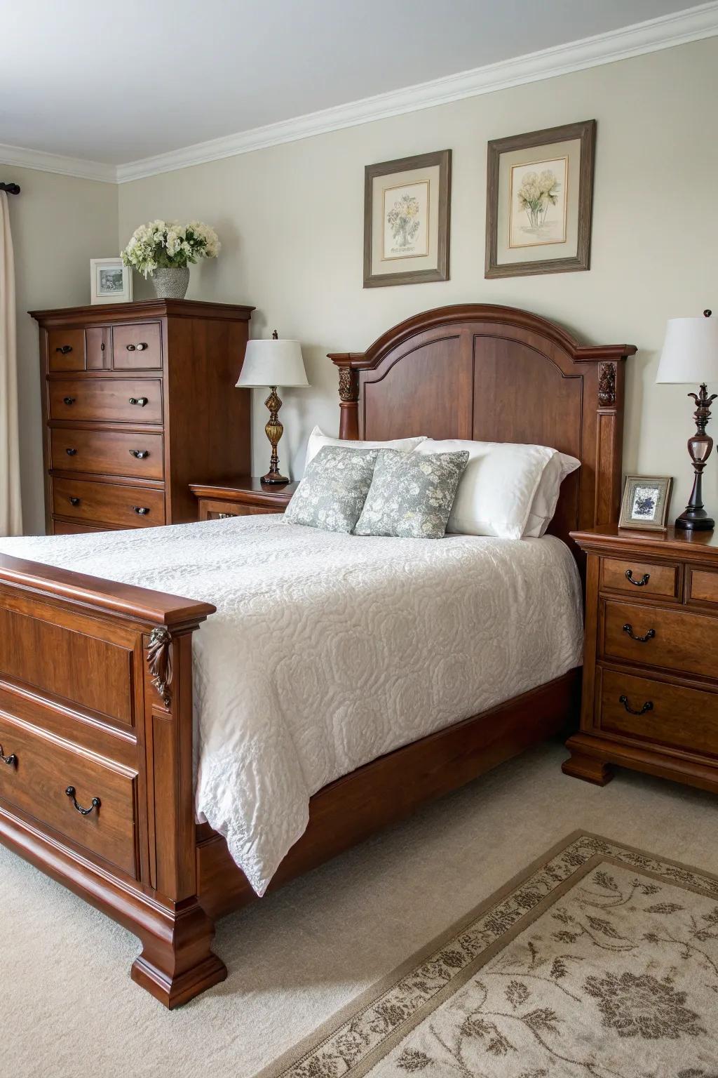 Heritage maple hardwood furniture items as the focal point in a bedroom.