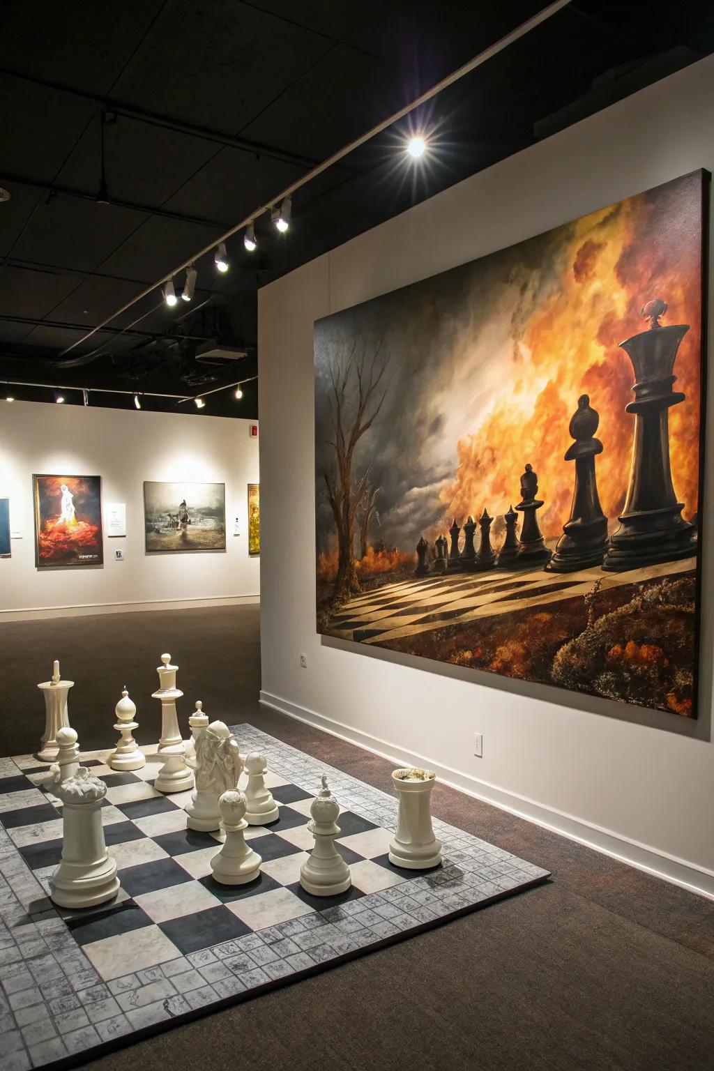 Dramatic settings make chess paintings captivating.