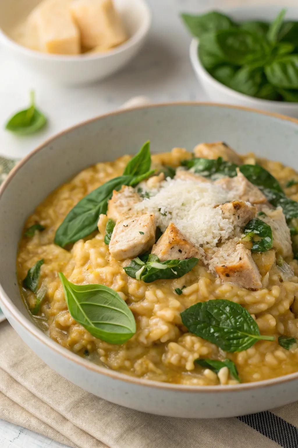Poultry and greens risotto, a rich and creamy delight.