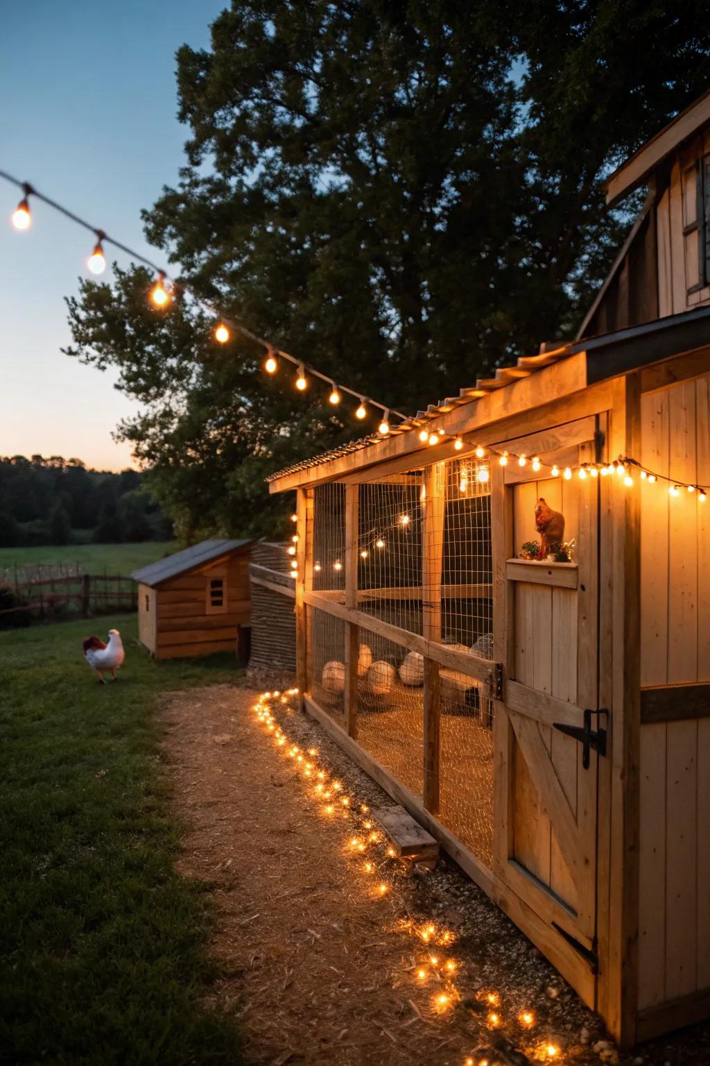 Festoon illumination introduces a snug and magical vibe to your hen house.