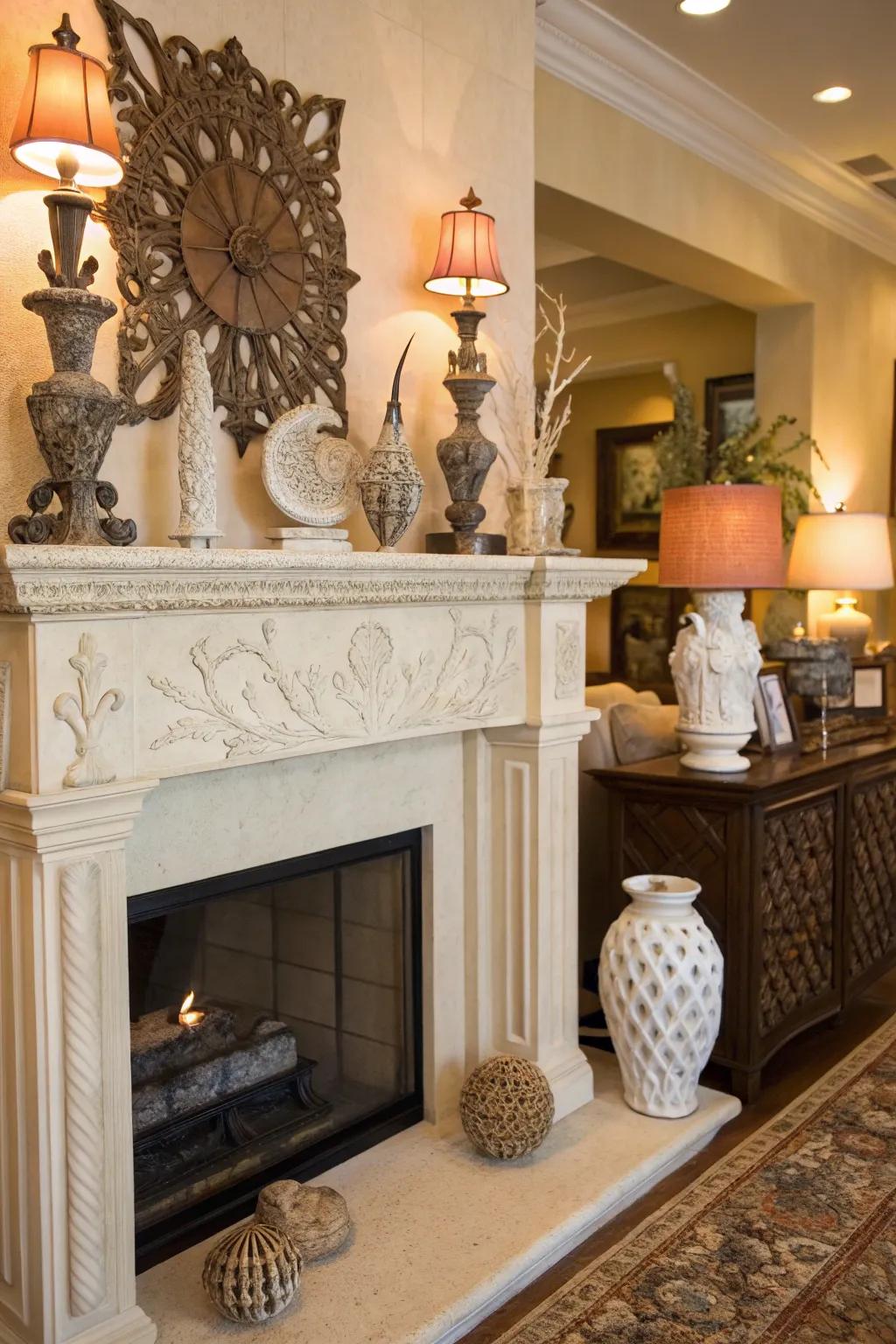 Sculptures atop the mantel enhance aesthetic depth and visual appeal.