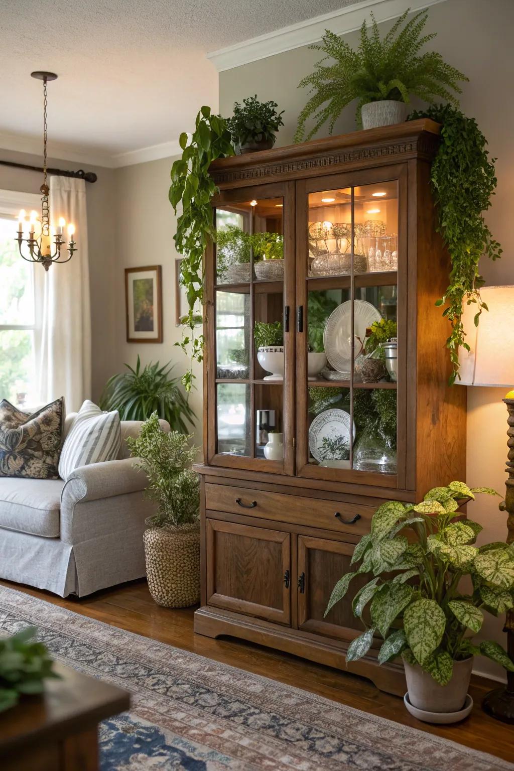 Ornamental vegetation incorporate vibrancy to a display case.