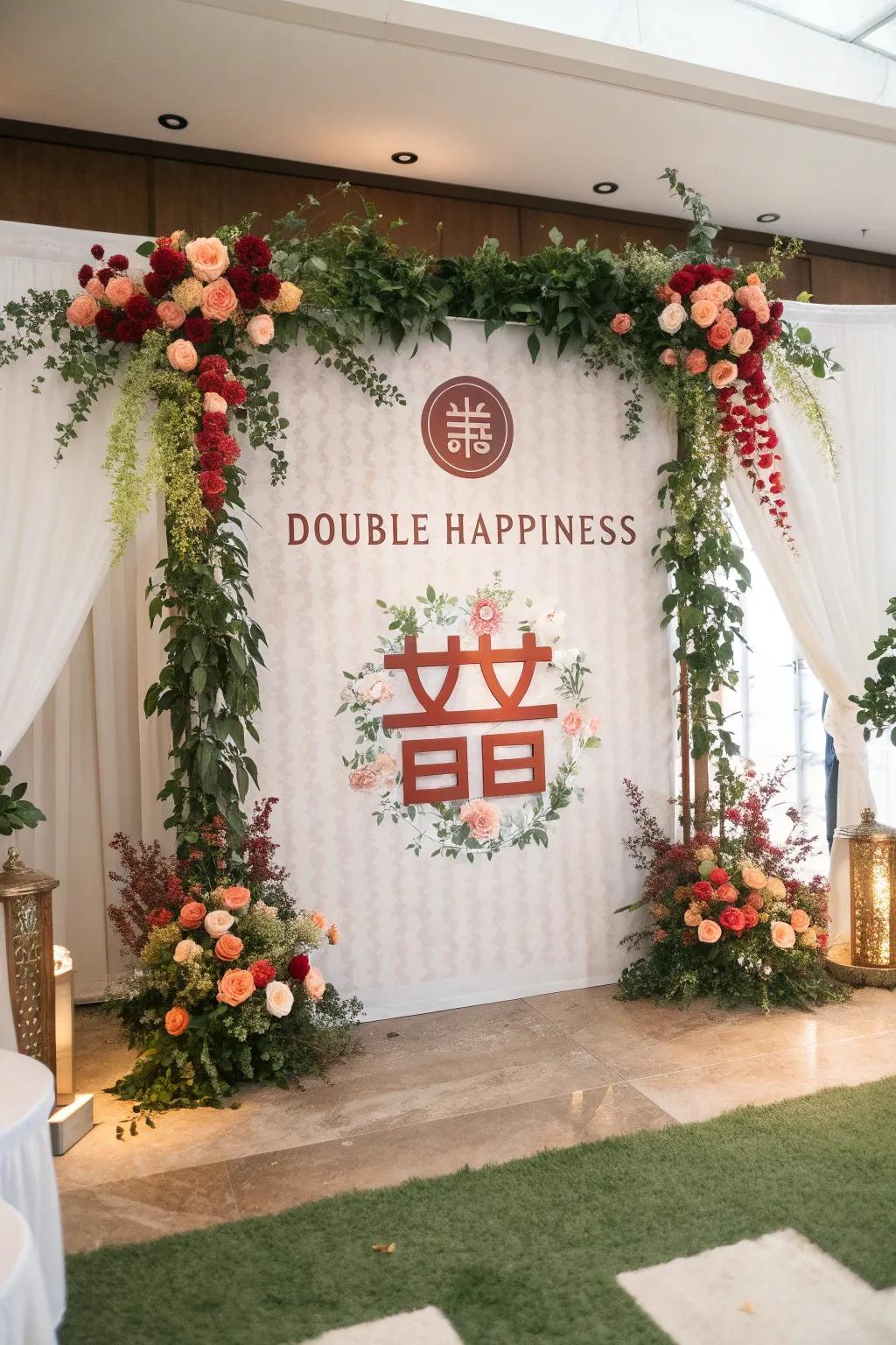 A resplendent wedding backdrop embellished with conventional emblems.