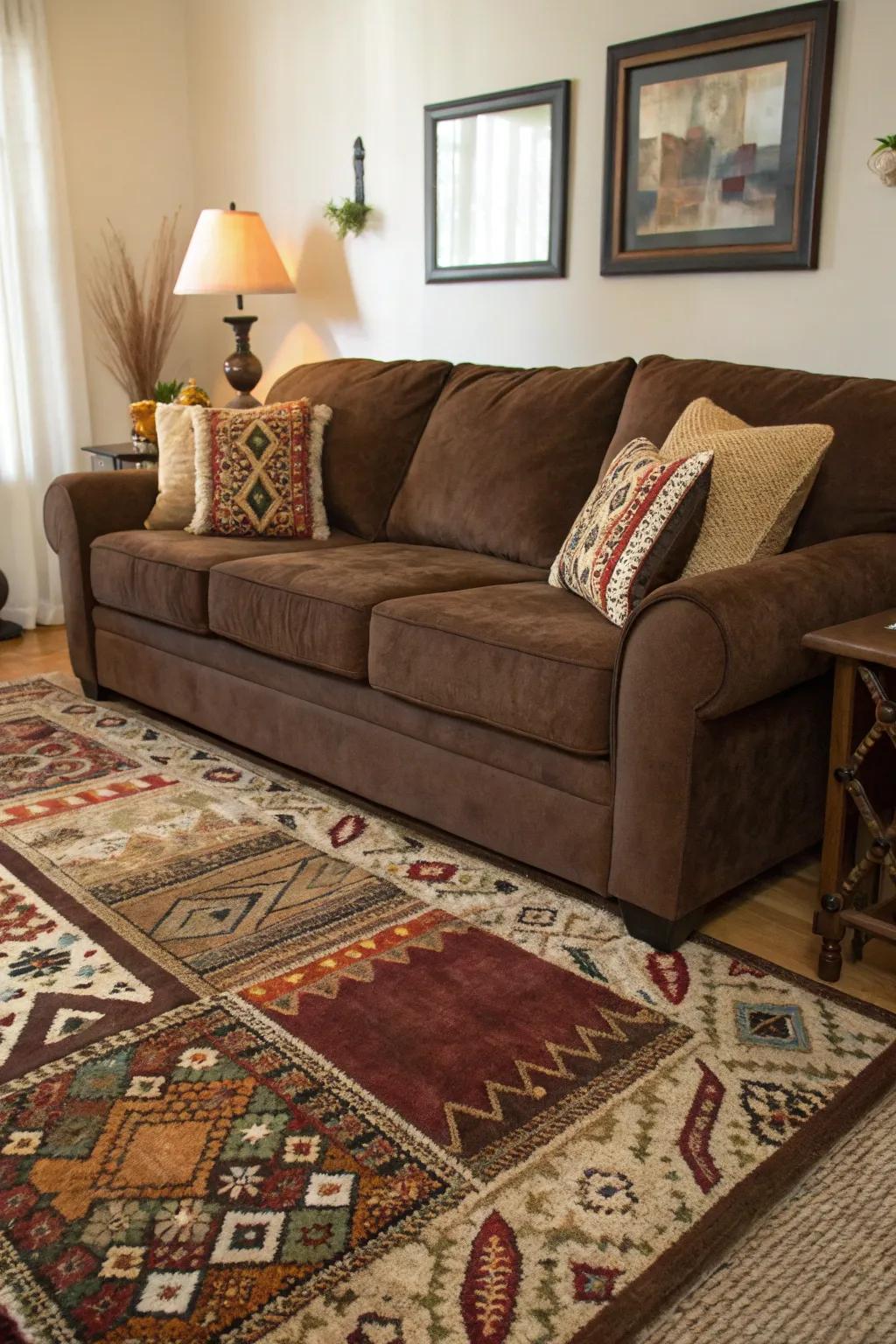 Layered floor coverings offer texture and warmth beneath a cocoa sofa.
