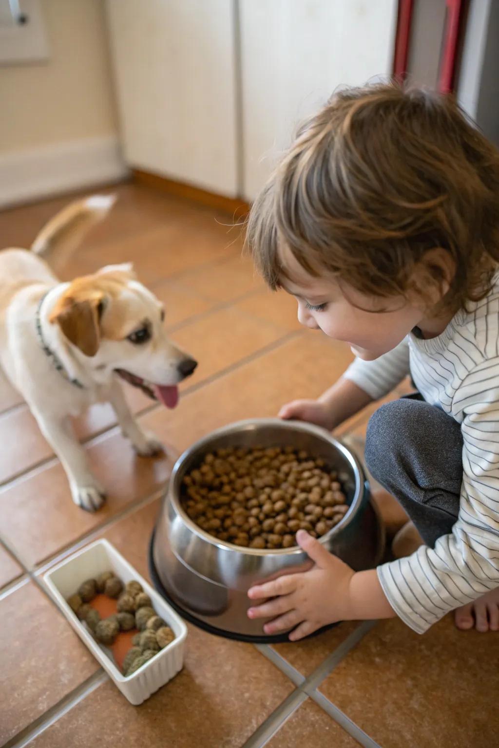 A child takes care of feeding their pet, fostering a care-giving connection.