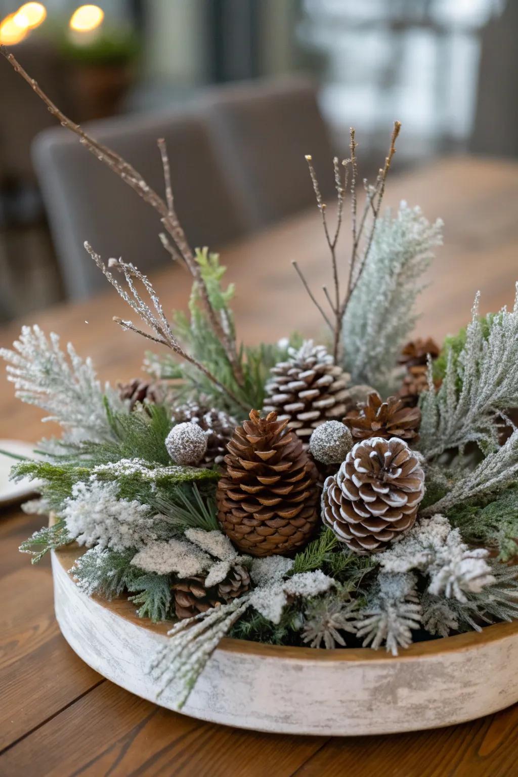 Conifer cones and frosted limbs evoke a wintry wonderland.