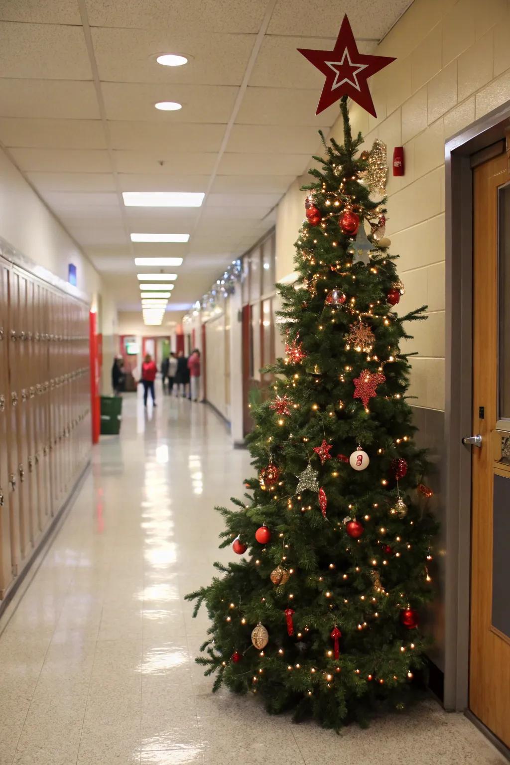 A timeless Christmas tree embellishes this school door.