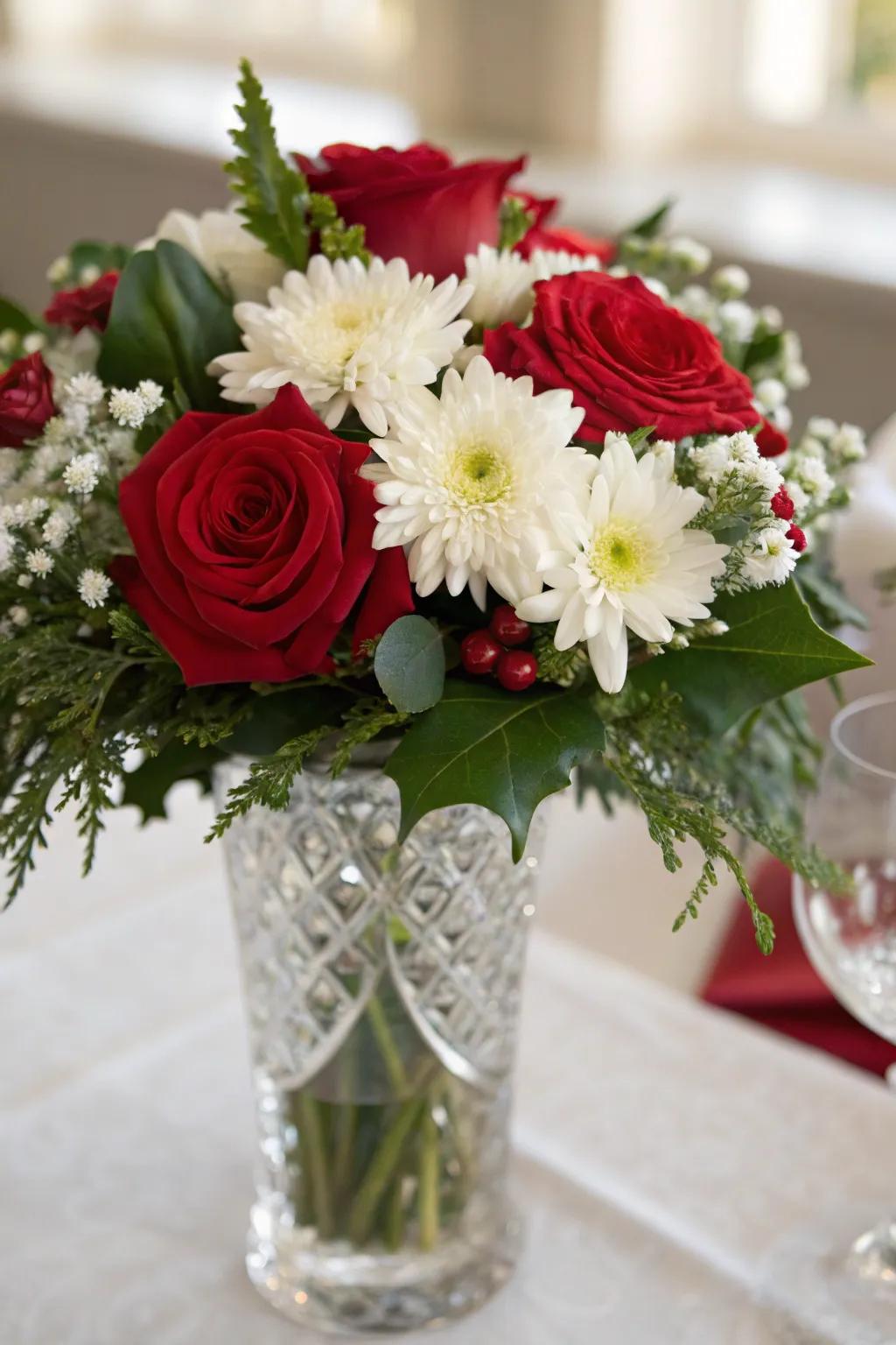 A timeless setup of red, white, and green flowers.