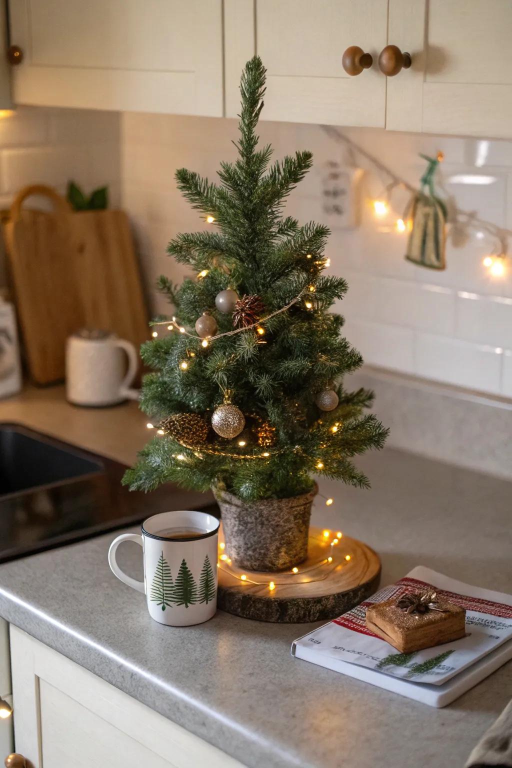 A mini Christmas tree adds charm to the kitchen.