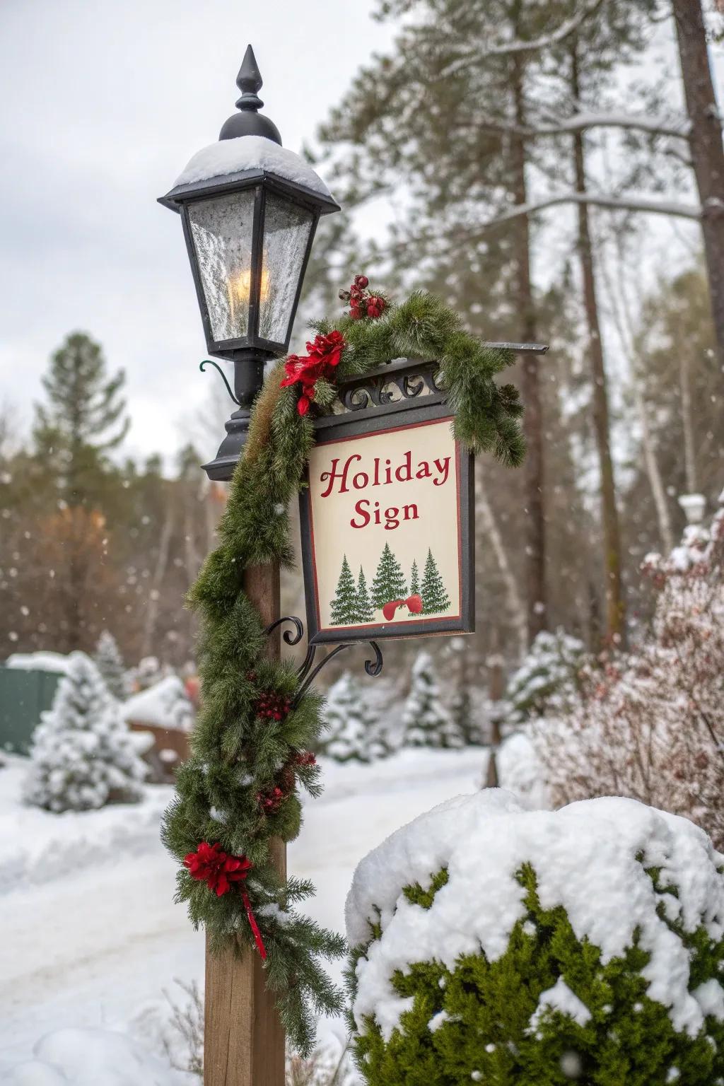 A festive sign broadcasts holiday spirit on a lamp post.