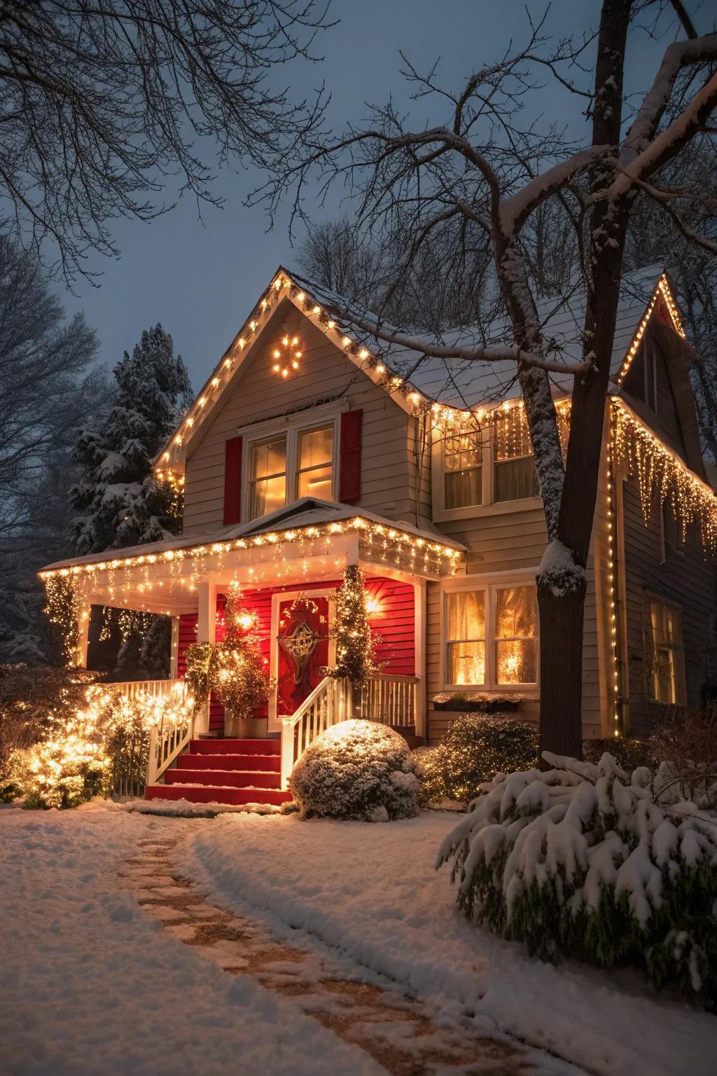 A vibrant combination of soft white and crimson holiday lights adorning a home.
