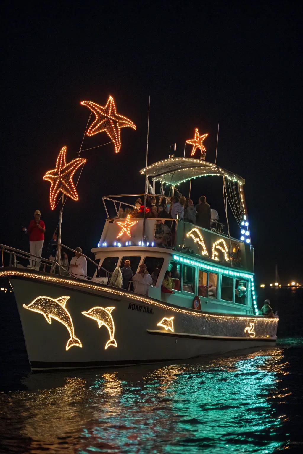 An imaginative fusion of ocean life and holiday lights, enchanting observers.