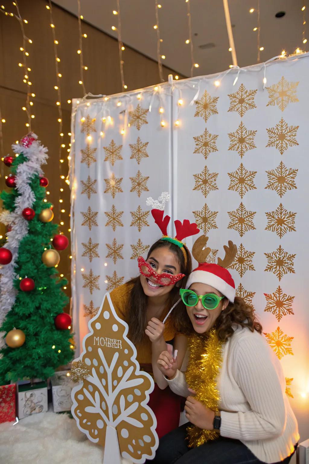 A festive photo booth prepared to capture holiday grins and laughter.