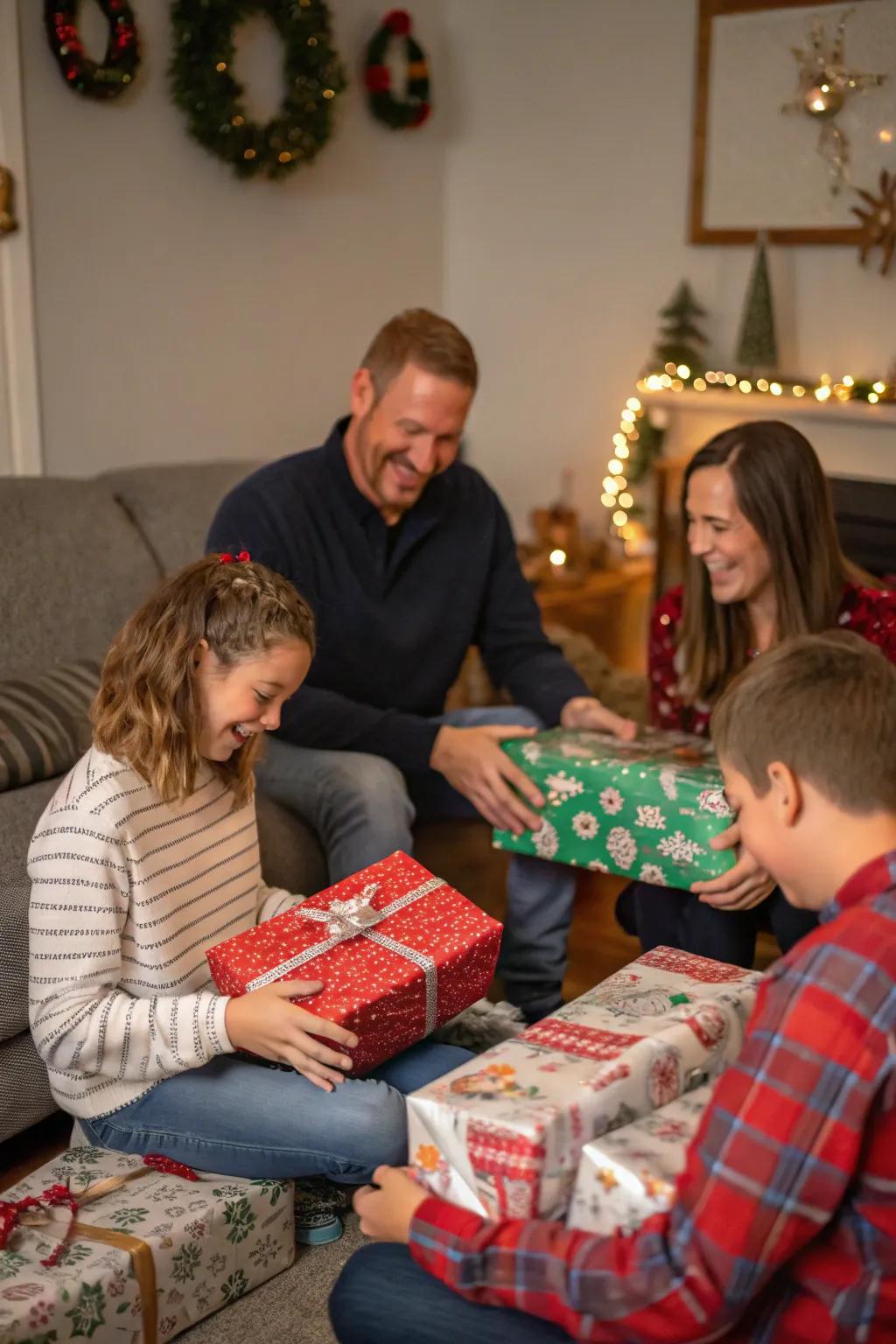 The delight of present-giving captured with exquisitely wrapped presents and delighted expressions.