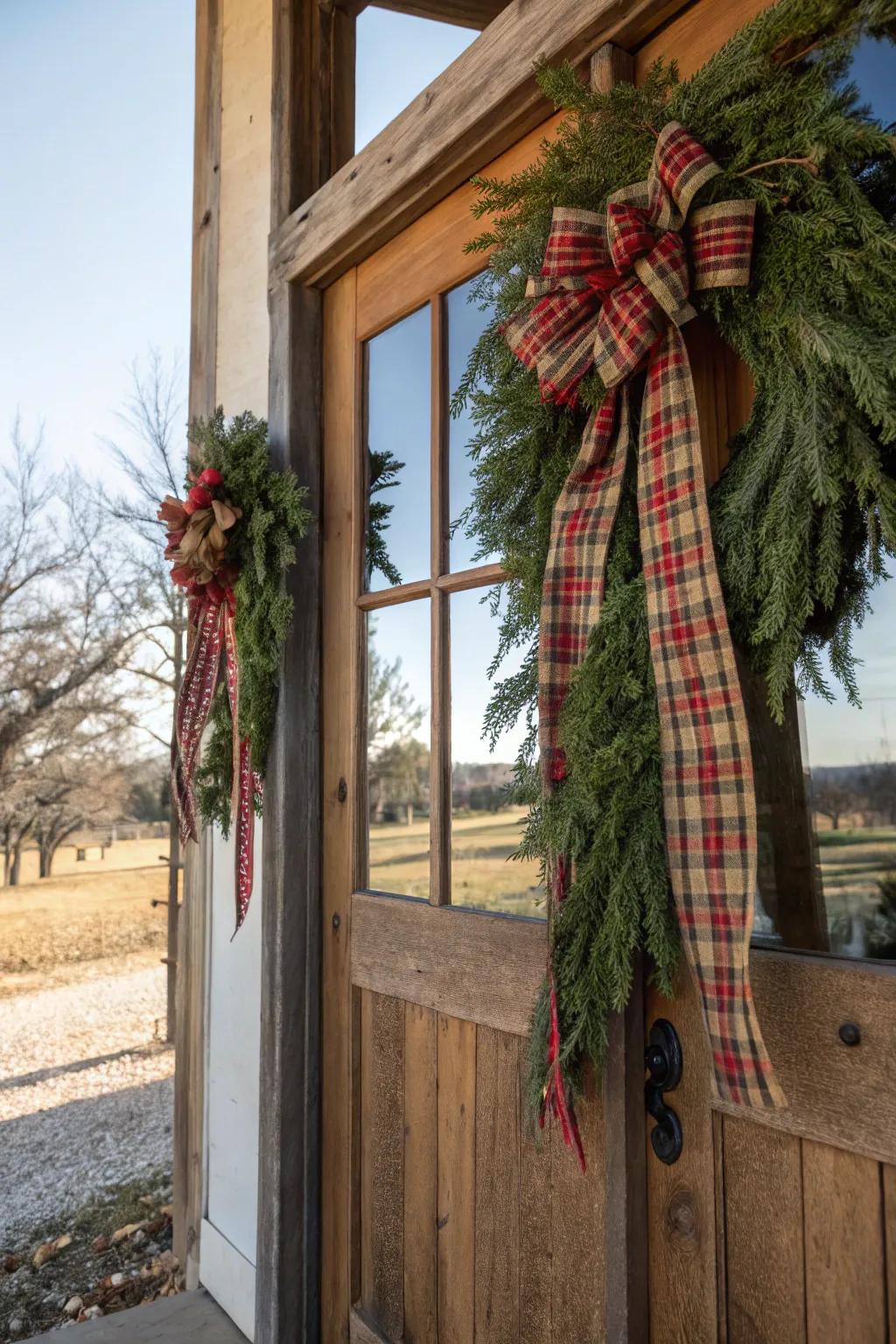 Checkered ribbon gives this swag a cozy touch.