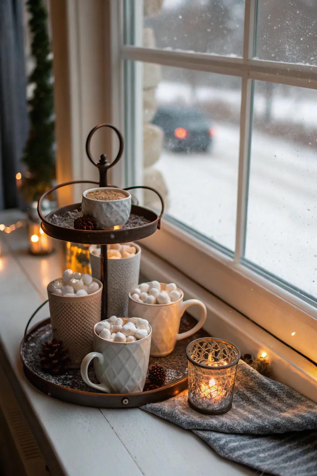 A welcoming warm beverage getaway on a tiered display.