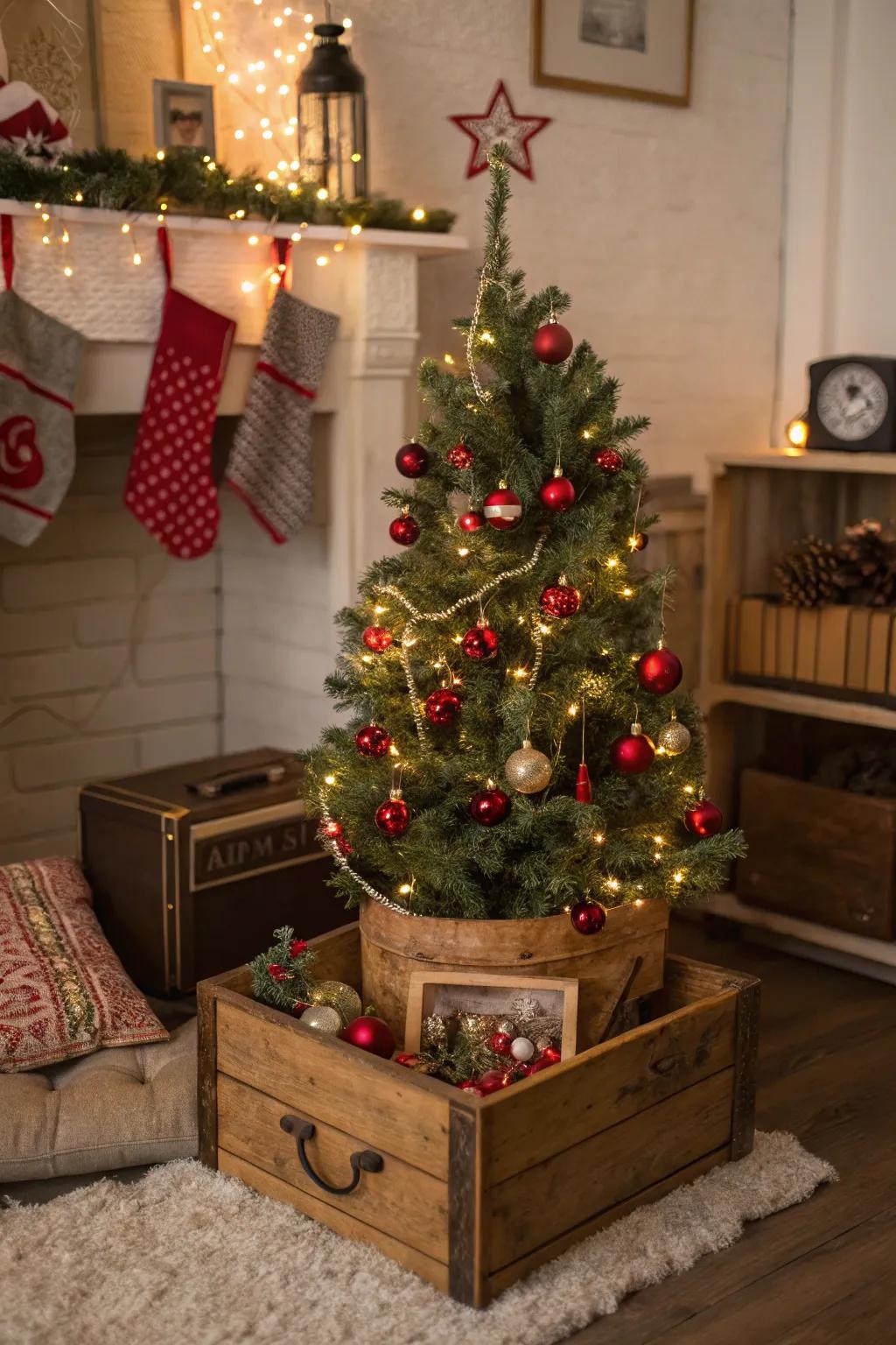 Retro storage boxes add a nostalgic feel to your tree base.