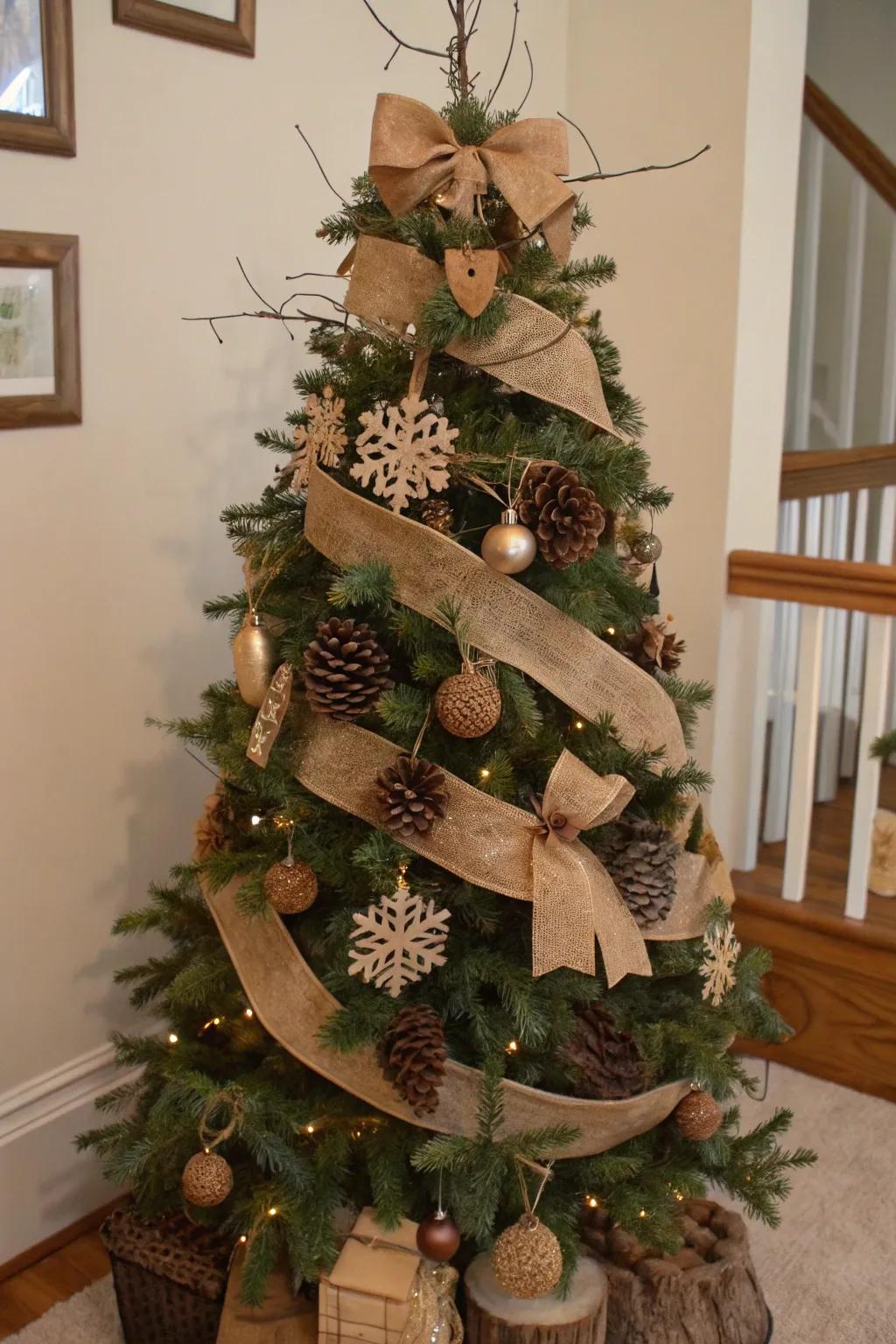 A Christmas tree adorned with hessian ribbons and natural elements, evoking a countryside farm-inspired appeal.