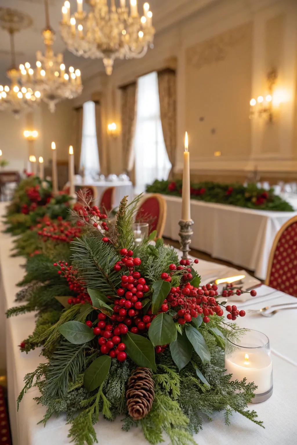 Lively scarlet berries make central decorations burst with color.