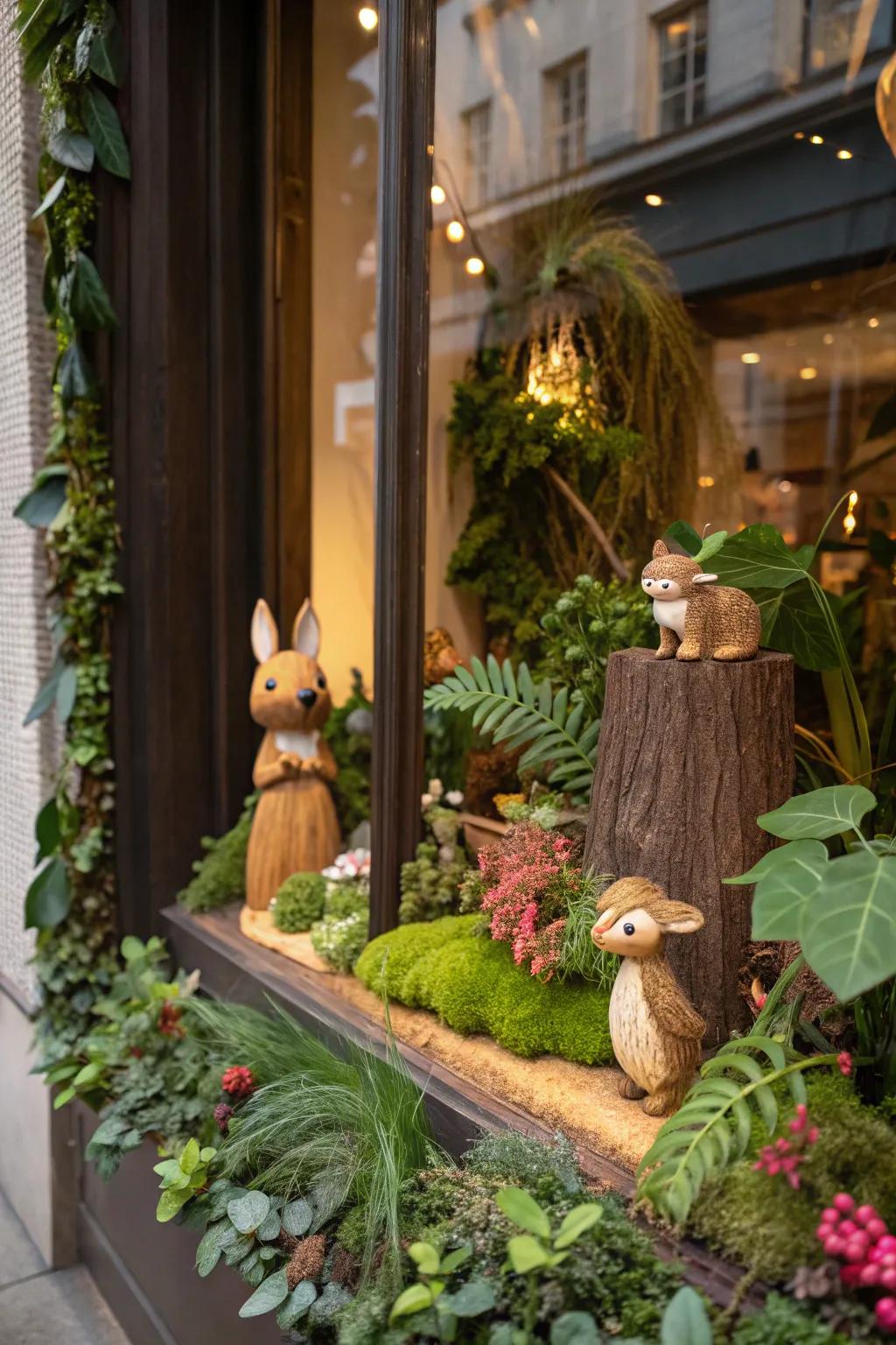 Woodland critters bring a playful charm to the window showcase.
