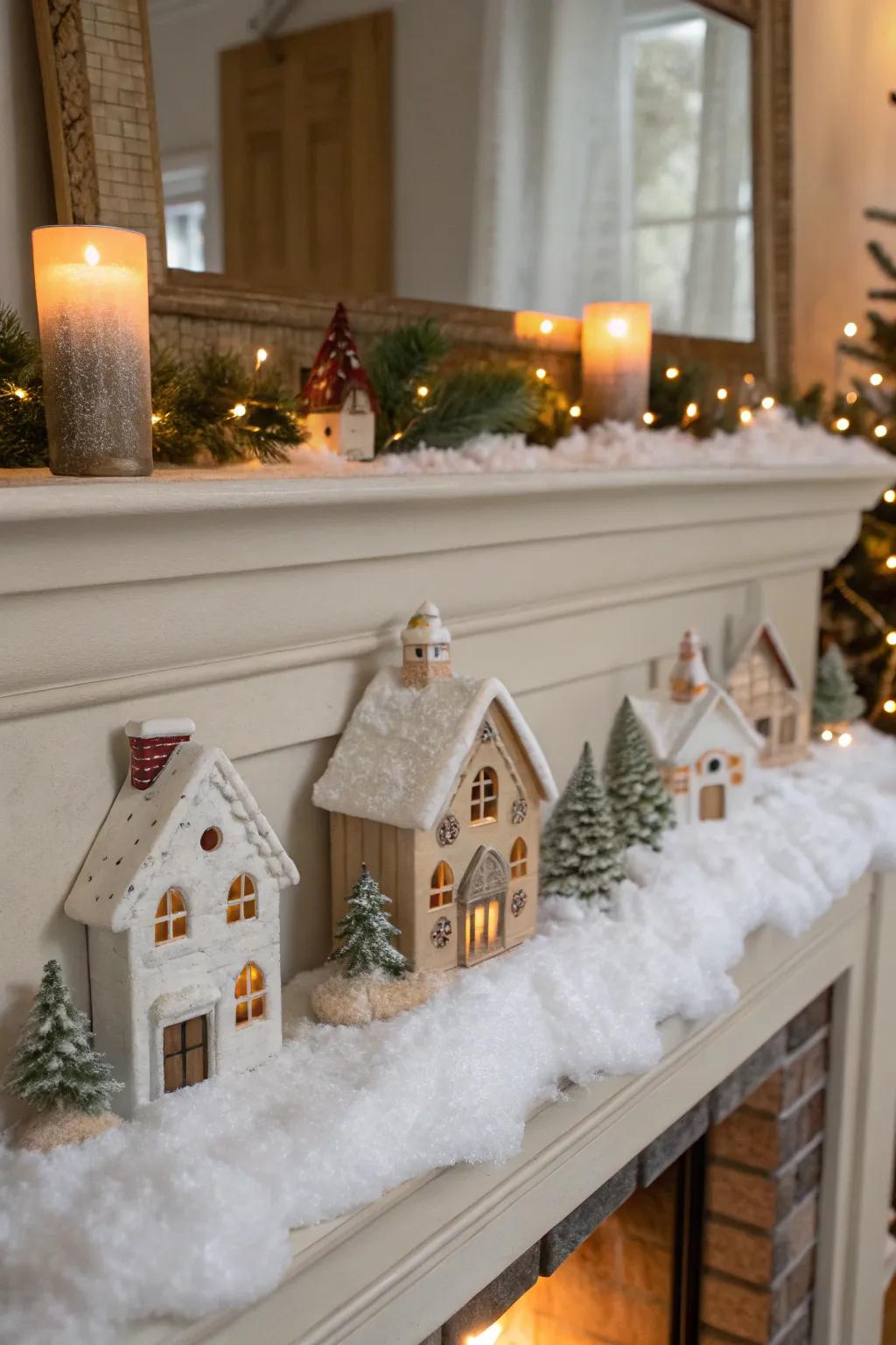 A snug snow-veiled hamlet scene showcased upon a fireplace chimney breast.