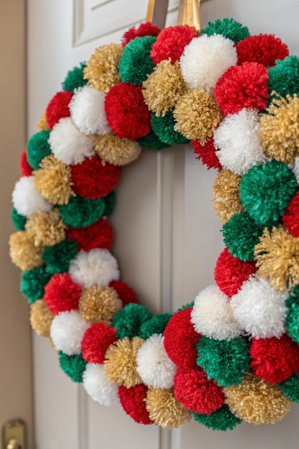 A cheerful pom-pom wreath that adds a playful touch to any space.