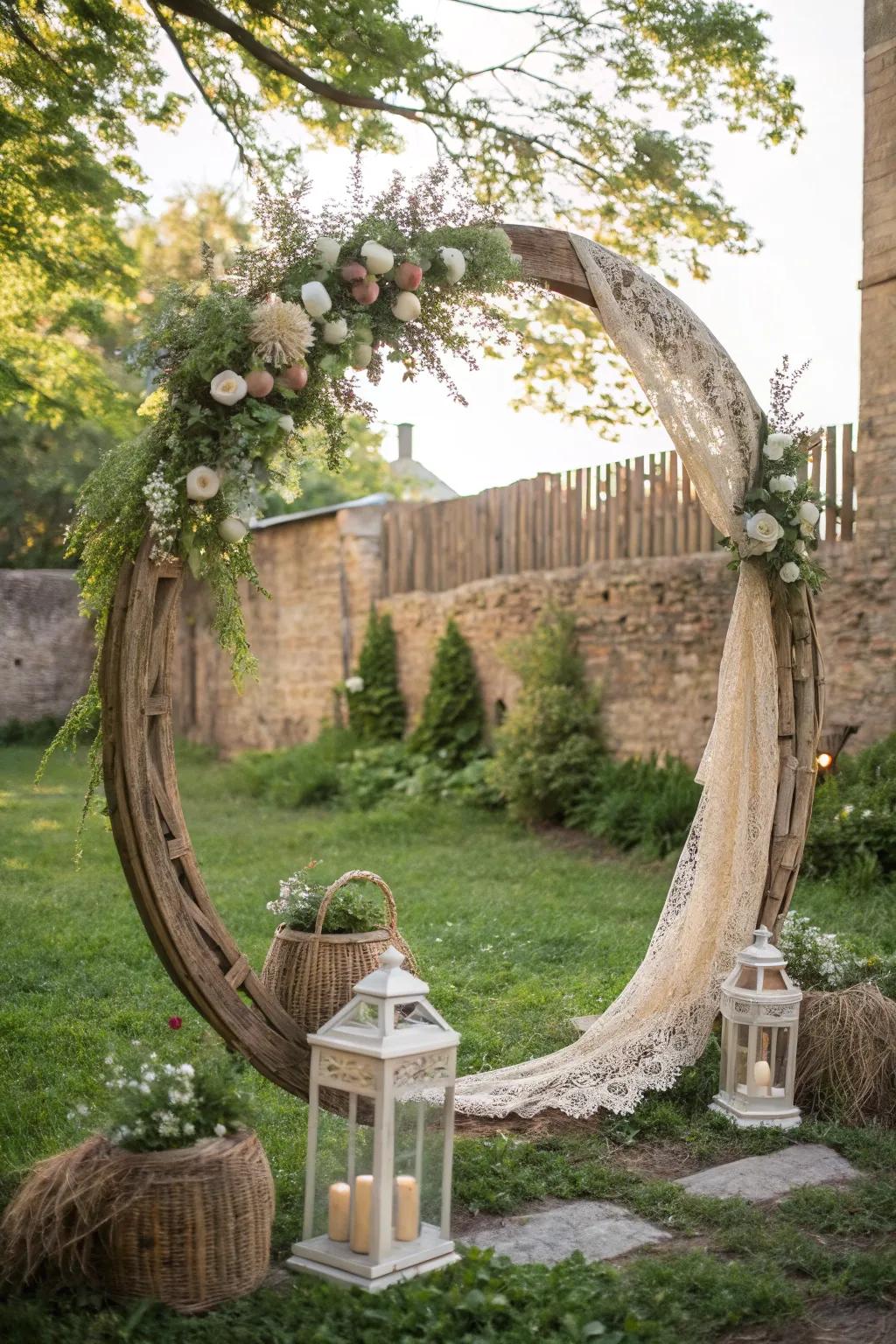 A rustic circle arch exuding vintage charm with burlap and lace.