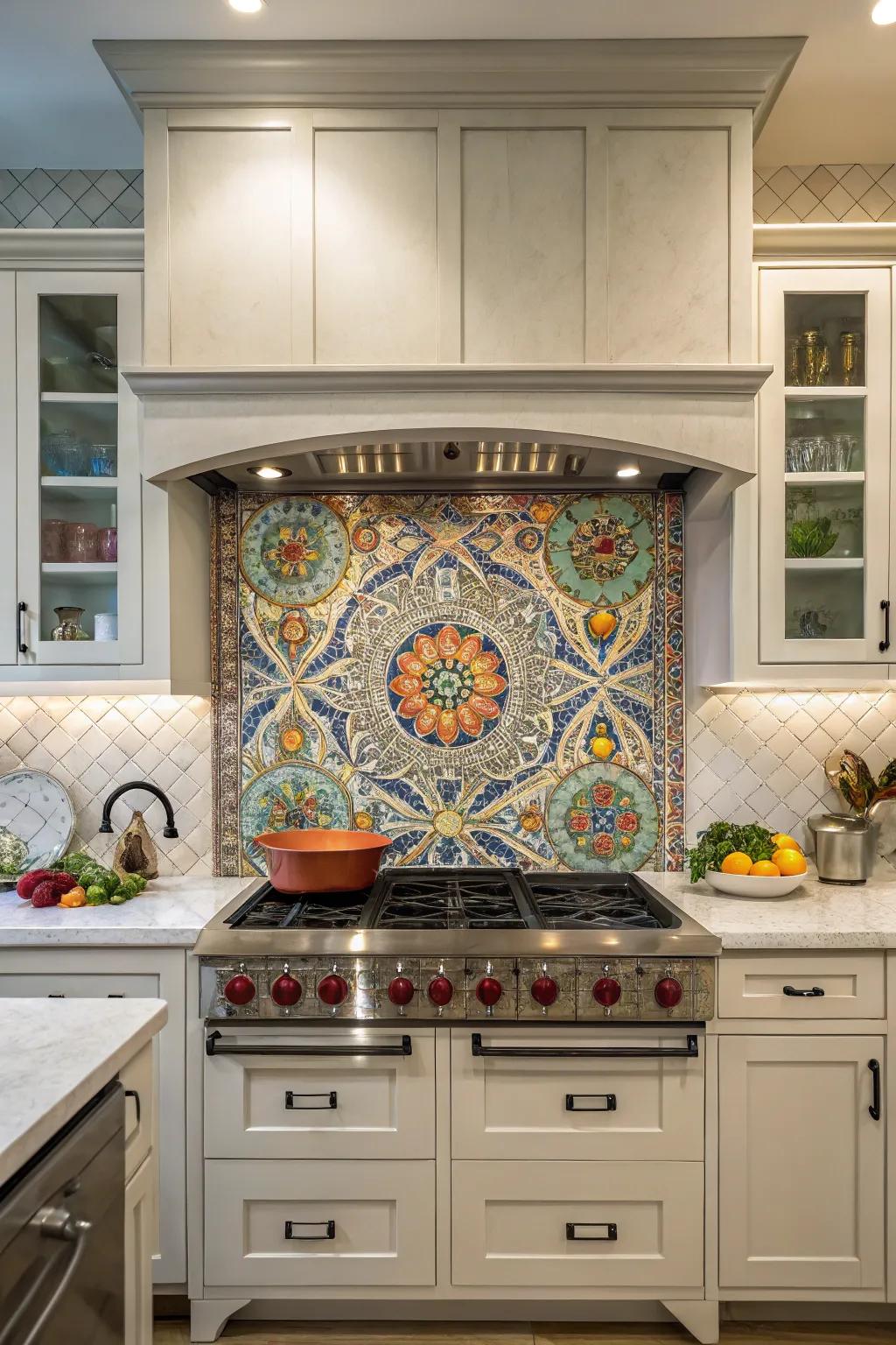 An artwork backsplash crafts a striking focal point in this kitchen.