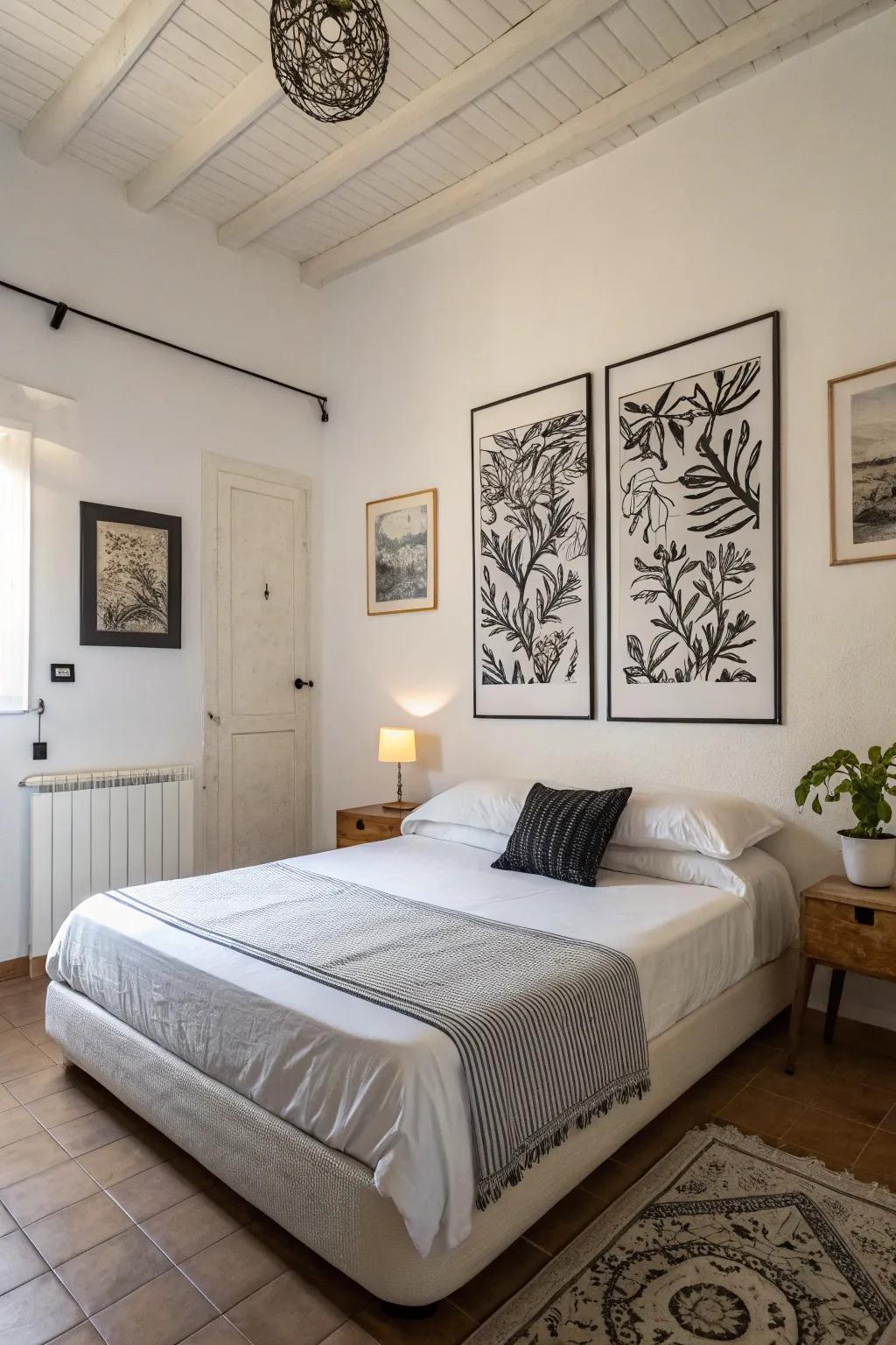 The streamlined design of the bedroom is complemented by simple art.