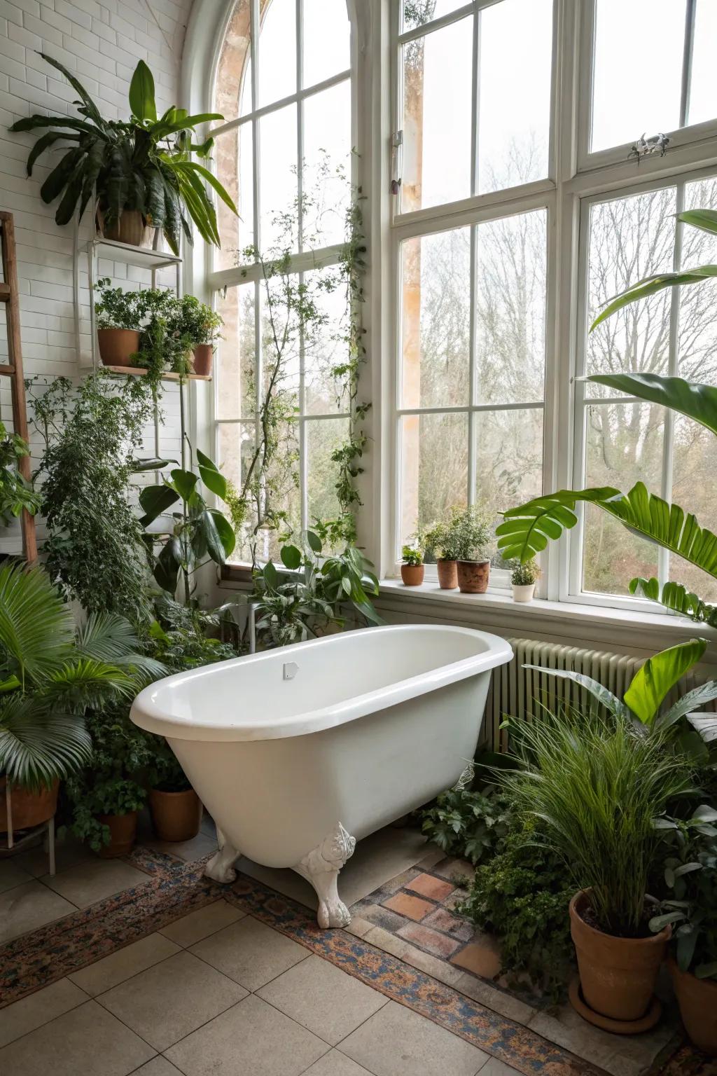 A bathroom haven where light and plants boost tranquility.