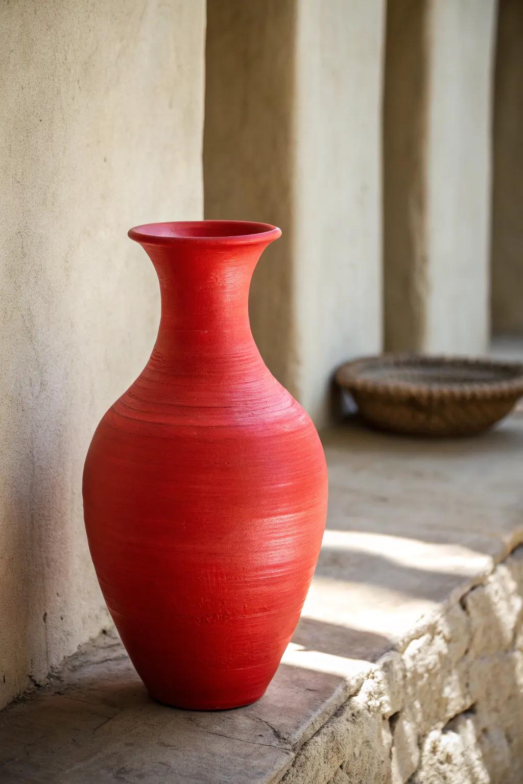A lively red dirt pot giving a pop of variety in an impartial setting.